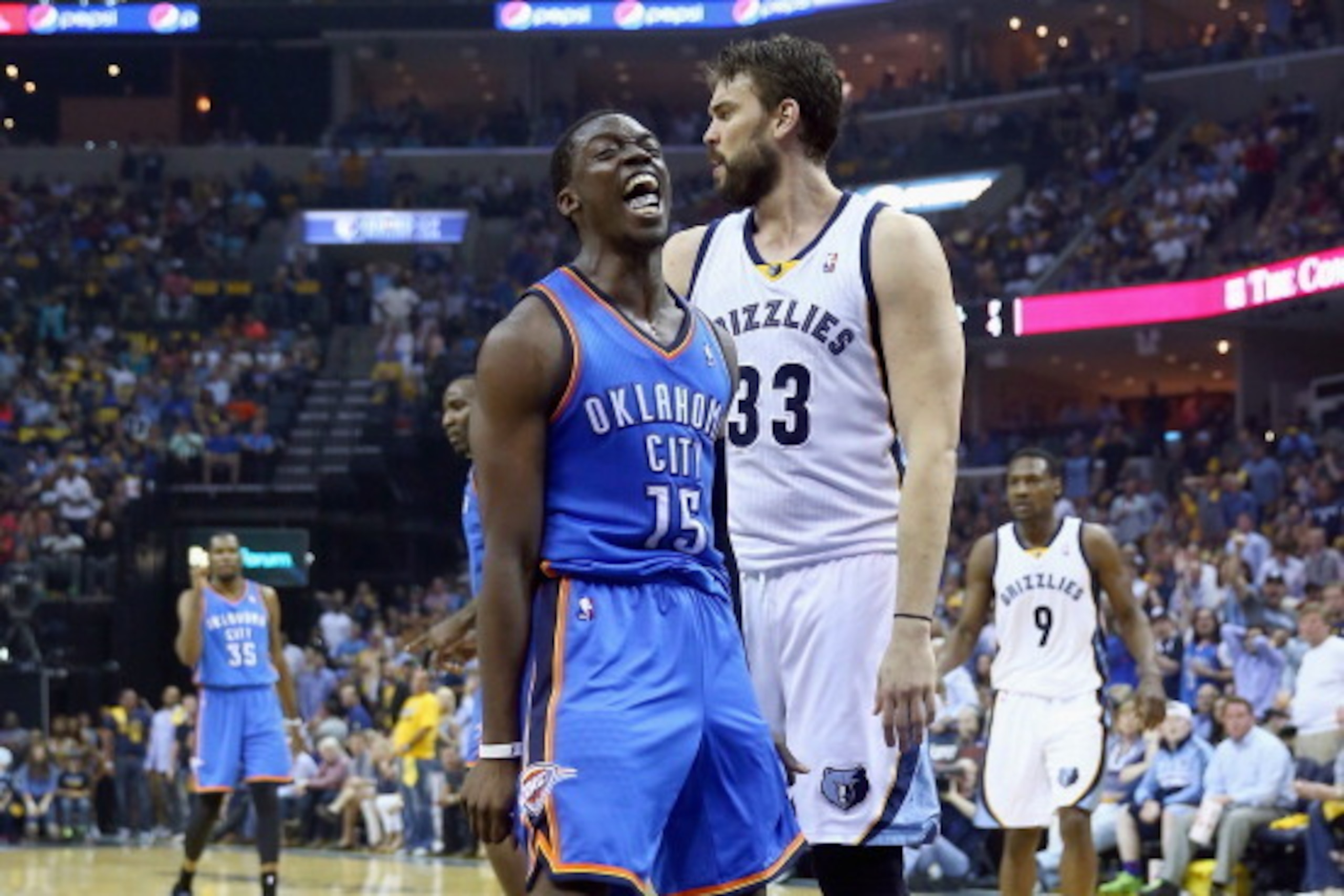 MEMPHIS, TN - APRIL 26:  Reggie Jackson #15 of the Oklahoma City Thunder celebrates after making a basket during the game against the Memphis Grizzlies in Game 4 of the Western Conference Quarterfinals during the 2014 NBA Playoffs at FedExForum on April 2