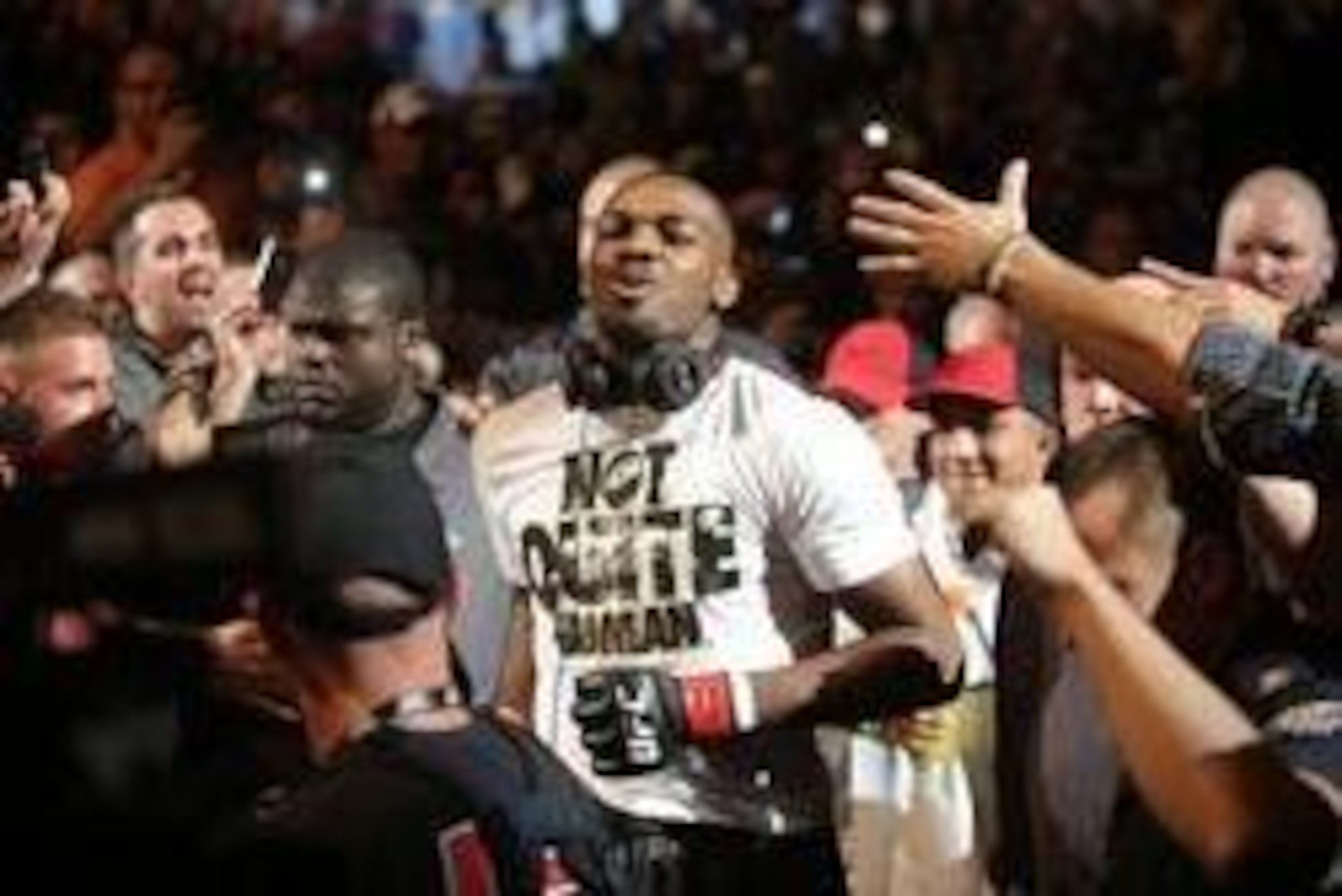 Sep 21, 2013; Toronto, Ontario, CAN; Jon Jones enters the octagon before his fight against Alexander Gustafsson (not pictured) during their light heavyweight championship bout at UFC 165 at the Air Canada Centre. Mandatory Credit: Tom Szczerbowski-USA TOD