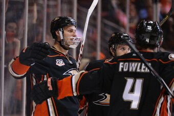 ANAHEIM, CA - APRIL 25:  Ryan Getzlaf #15 of the Anaheim Ducks celebrates his third period goal against the Dallas Stars in Game Five of the First Round of the 2014 NHL Stanley Cup Playoffs at Honda Center on April 25, 2014 in Anaheim, California. The Duc