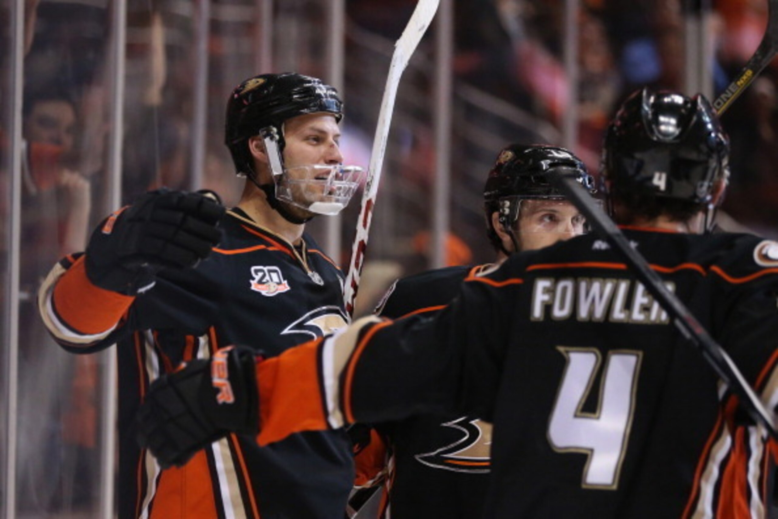 ANAHEIM, CA - APRIL 25:  Ryan Getzlaf #15 of the Anaheim Ducks celebrates his third period goal against the Dallas Stars in Game Five of the First Round of the 2014 NHL Stanley Cup Playoffs at Honda Center on April 25, 2014 in Anaheim, California. The Duc
