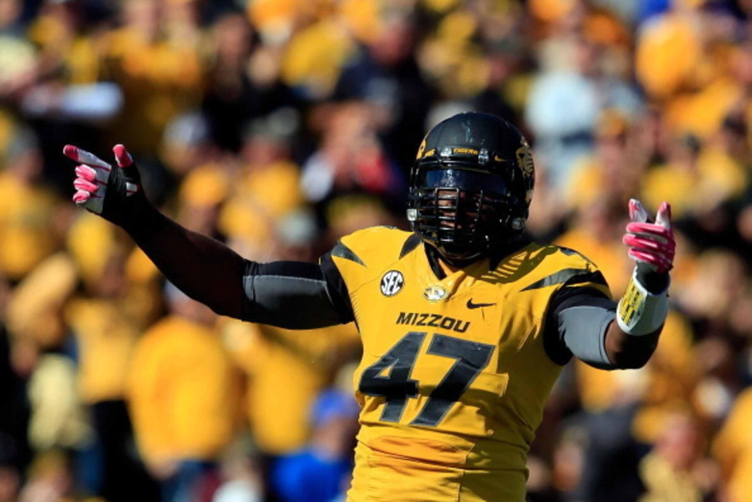 COLUMBIA, MO - OCTOBER 19:  Defensive lineman Kony Ealy #47 of the Missouri Tigers reacts after a sack of quarterback Tyler Murphy #3 of the Florida Gator sduring the game at Faurot Field/Memorial Stadium on October 19, 2013 in Columbia, Missouri.  (Photo