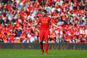 LIVERPOOL, ENGLAND - APRIL 27:  Steven Gerrard of Liverpool looks on during the Barclays Premier League match between Liverpool and Chelsea at Anfield on April 27, 2014 in Liverpool, England.  (Photo by Clive Brunskill/Getty Images)