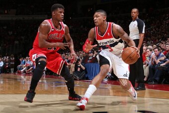 Washington, DC- APRIL 27:  Bradley Beal #3 of the Washington Wizards handles the ball against the Chicago Bulls during Game Four of the Eastern Conference Quarterfinals on April 27, 2014 at Verizon Center in Washington, DC.  NOTE TO USER: User expressly a