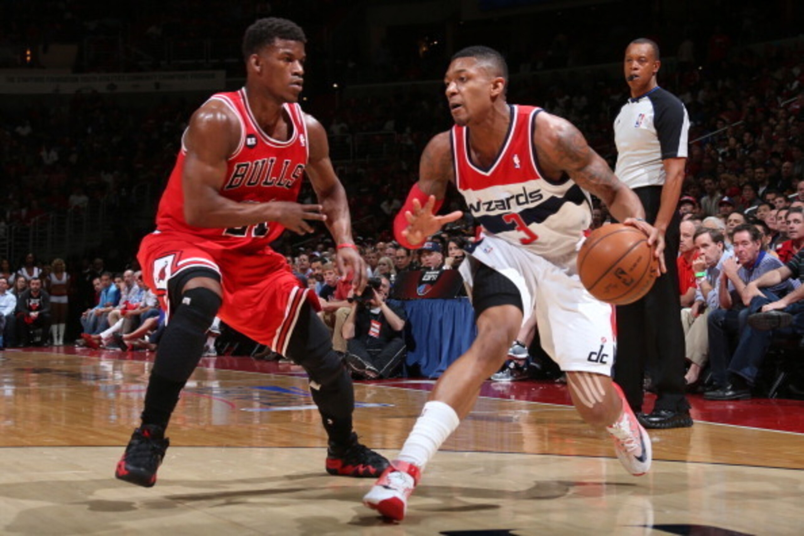 Washington, DC- APRIL 27:  Bradley Beal #3 of the Washington Wizards handles the ball against the Chicago Bulls during Game Four of the Eastern Conference Quarterfinals on April 27, 2014 at Verizon Center in Washington, DC.  NOTE TO USER: User expressly a