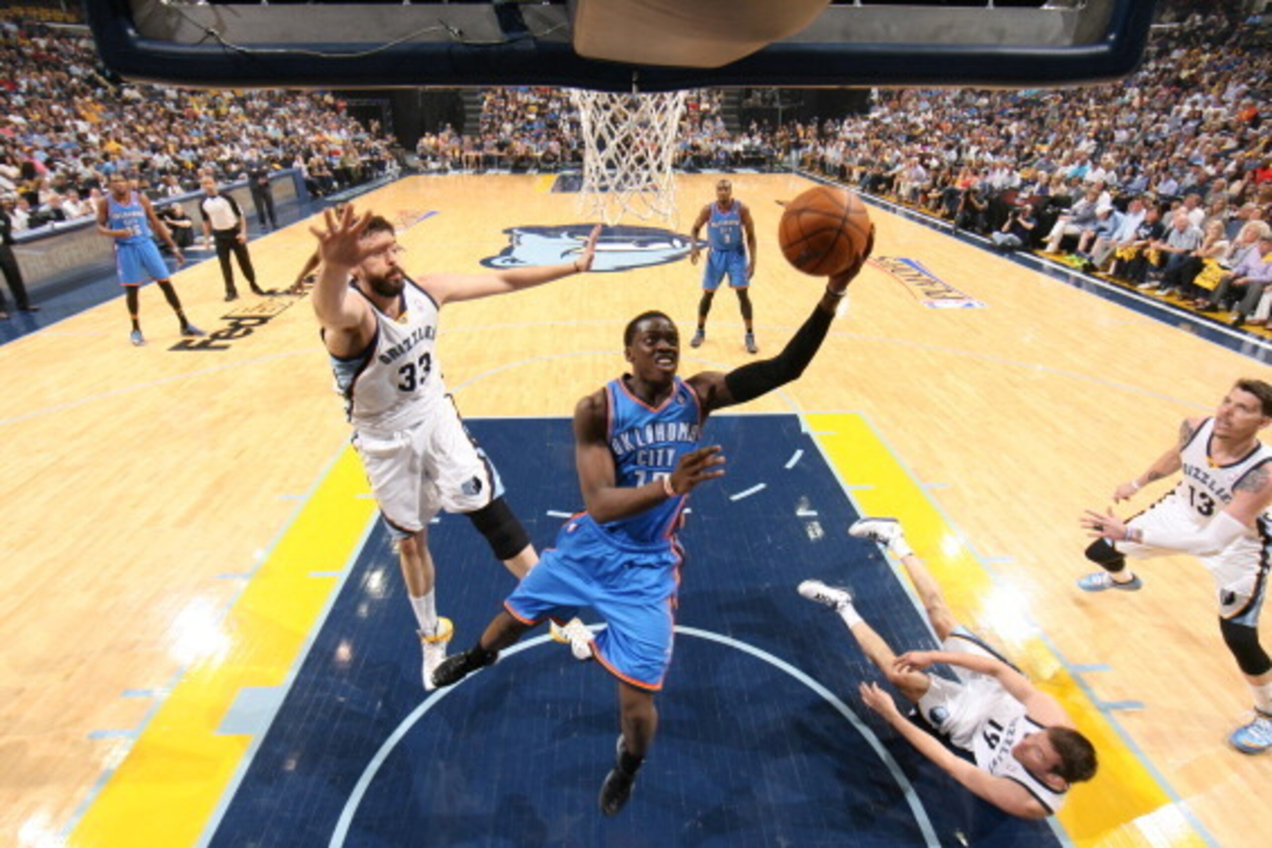 MEMPHIS, TN - APRIL 26: Reggie Jackson #15 of the Oklahoma City Thunder shoots against the Memphis Grizzlies in Game Four of the Western Conference Quarterfinals during the 2014 NBA Playoffs on April 26, 2014 at FedExForum in Memphis, Tennessee. NOTE TO U