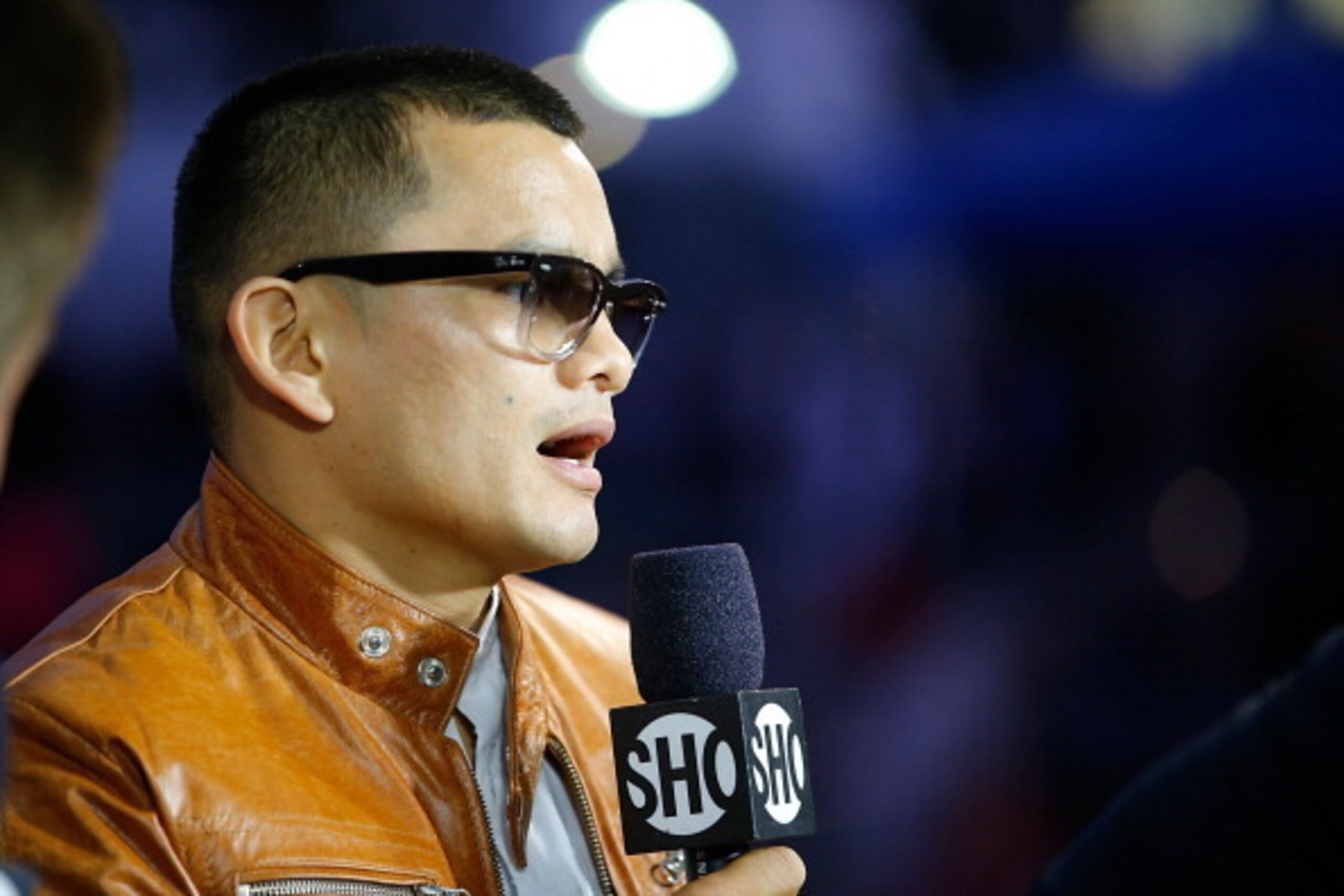 LOS ANGELES, CA - APRIL 26:  Marcos Maidana talks to the media to preview the fight against Floyd Mayweather at StubHub Center on April 26, 2014 in Los Angeles, California.  (Photo by Joe Scarnici/Getty Images)