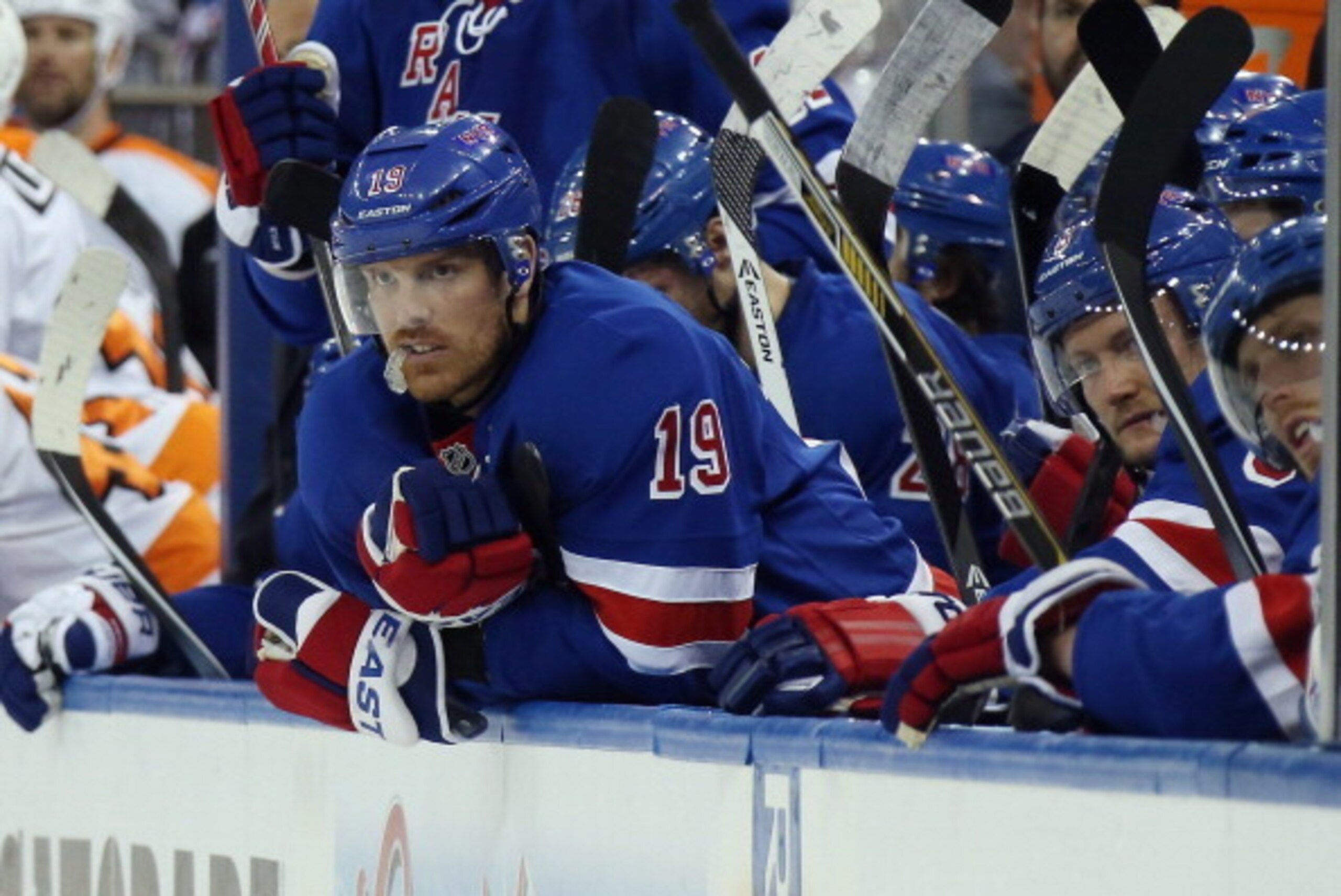 NEW YORK, NY - APRIL 27: Brad Richards #19 of the New York Rangers watches the play in the closing minutes of the game against the Philadelphia Flyers in Game Five of the First Round of the 2014 NHL Stanley Cup Playoffs at Madison Square Garden on April 2