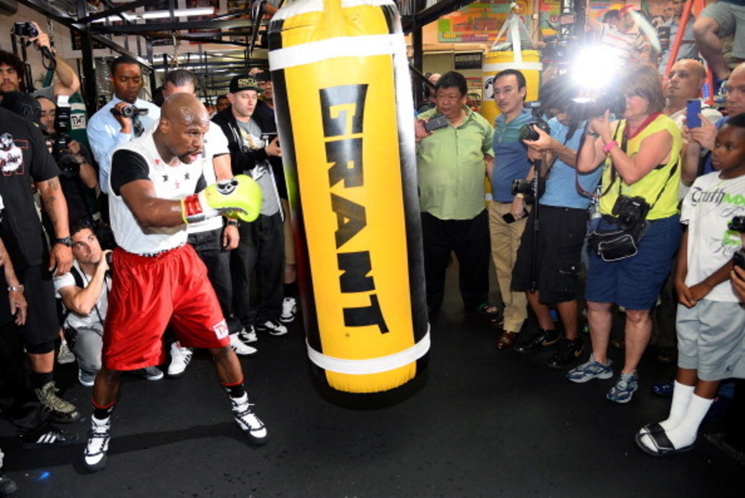 LAS VEGAS, NV - APRIL 22:  Boxer Floyd Mayweather Jr. works out at the Mayweather Boxing Club on April 22, 2014 in Las Vegas, Nevada. Mayweather will face Marcos Maidana in a 12-round world championship unification bout in Las Vegas on May 3.  (Photo by E