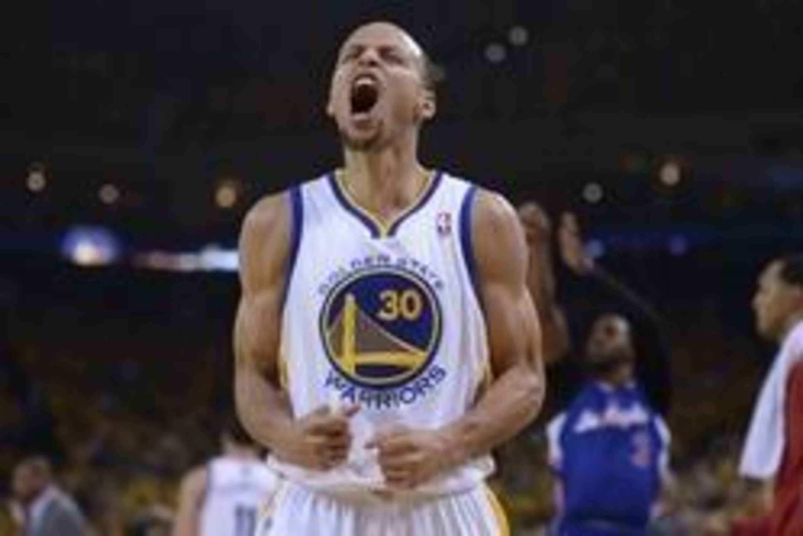 Apr 27, 2014; Oakland, CA, USA; Golden State Warriors guard Stephen Curry (30) celebrates against the Los Angeles Clippers during the first quarter in game four of the first round of the 2014 NBA Playoffs at Oracle Arena. Mandatory Credit: Kyle Terada-USA