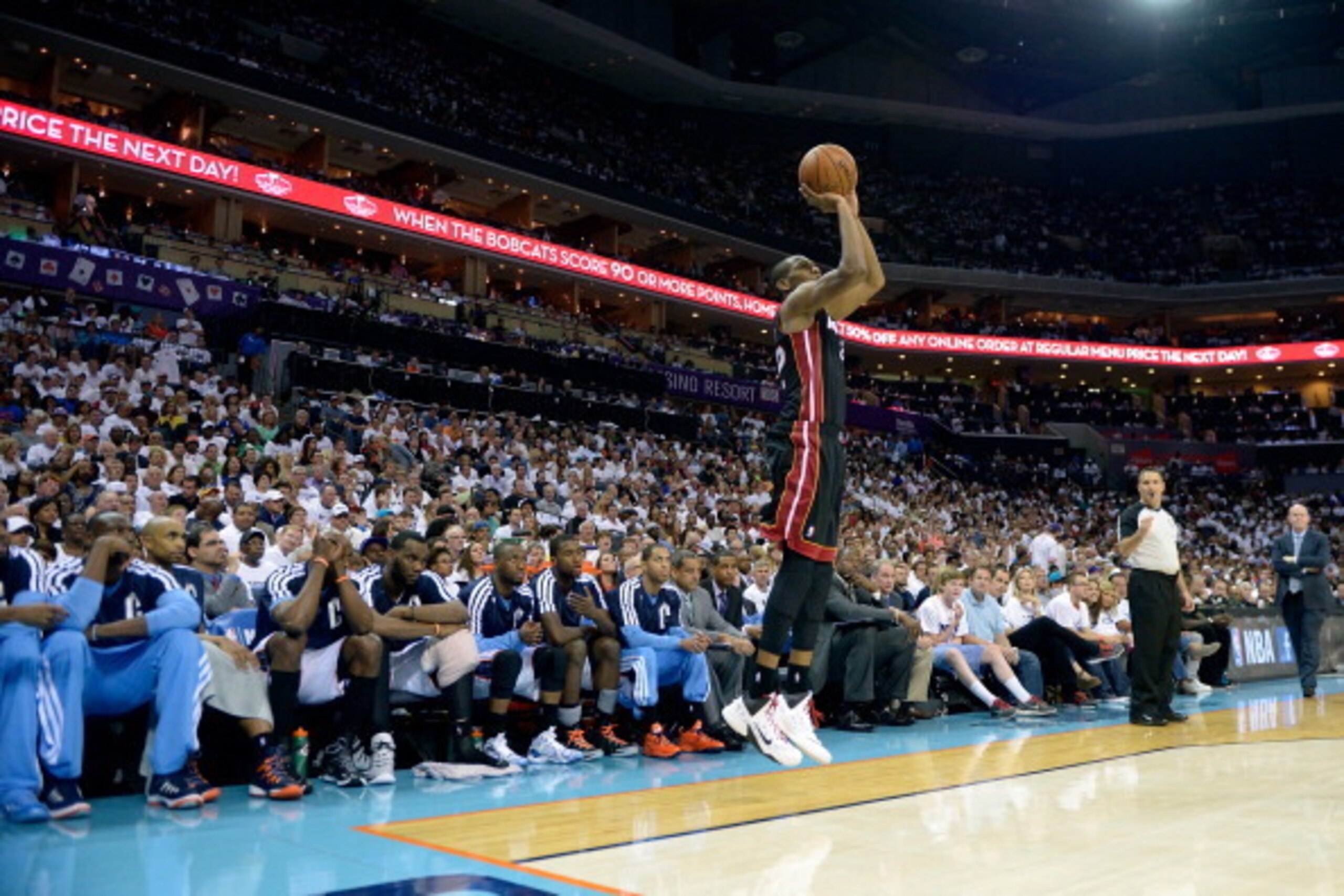 CHARLOTTE, NC - APRIL 26:  James Jones #22 of the Miami Heat takes a 3-point shot against the Charlotte Bobcats in Game Three of the Eastern Conference Quarterfinals during the 2014 NBA Playoffs at Time Warner Cable Arena on April 26, 2014 in Charlotte, N