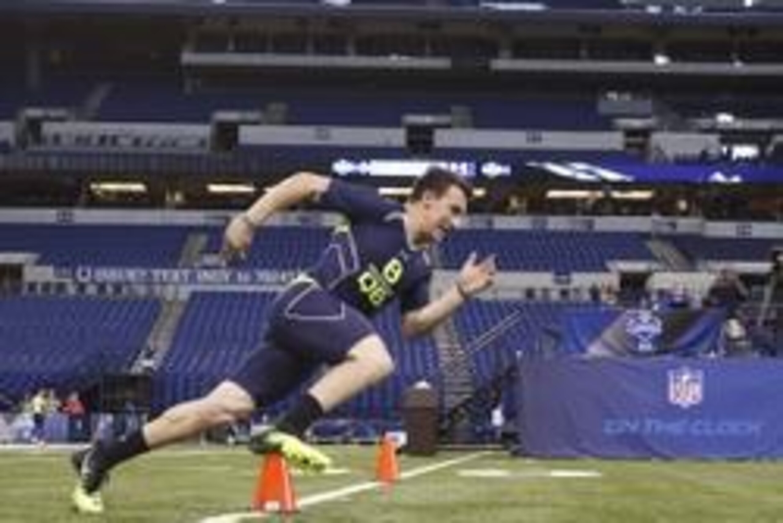 Feb 23, 2014; Indianapolis, IN, USA; Texas A&M Aggies quarterback Johnny Manziel runs the shuttle dash during the 2014 NFL Combine at Lucas Oil Stadium. Mandatory Credit: Brian Spurlock-USA TODAY Sports