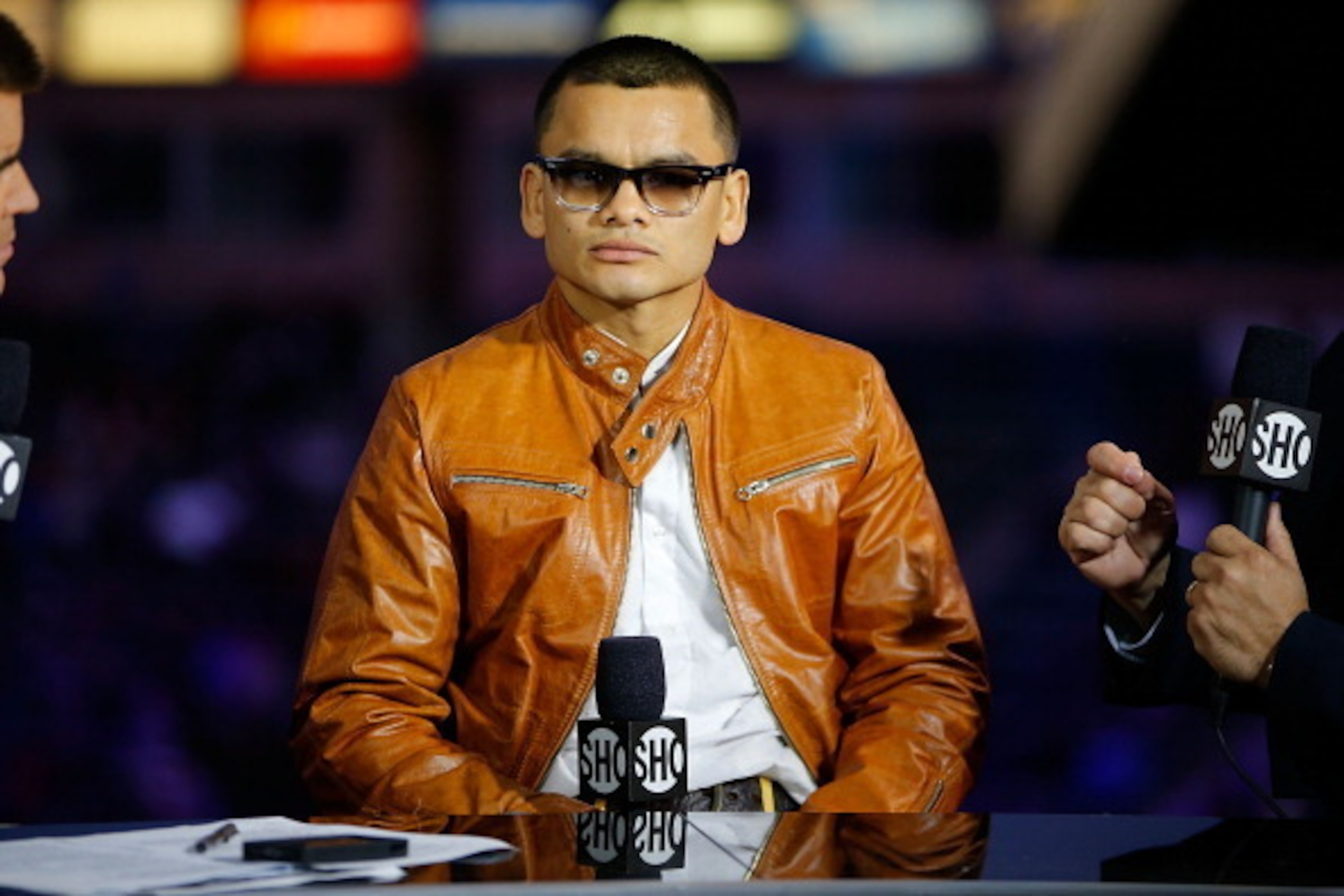 LOS ANGELES, CA - APRIL 26:  Marcos Maidana talks to the media to preview the fight against Floyd Mayweather at StubHub Center on April 26, 2014 in Los Angeles, California.  (Photo by Joe Scarnici/Getty Images)