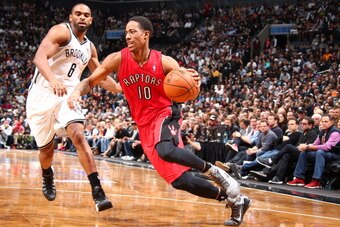 BROOKLYN, NY - APRIL 27: DeMar DeRozan #10 of the Toronto Raptors drives to the basket against the Brooklyn Nets during Game Four of the Eastern Conference Quarterfinals  at Barclays Center in Brooklyn. NOTE TO USER: User expressly acknowledges and agrees
