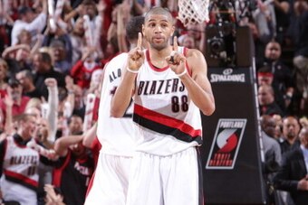 PORTLAND, OR - APRIL 27: Nicolas Batum #88 of the Portland Trail Blazers celebrates during a game agianst the Houston Rockets in Game Four of the Western Conference Quarterfinals during the 2014 NBA Playoffs on April 27, 2014 at the Moda Center in Portlan