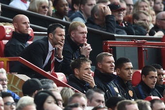 MANCHESTER, ENGLAND - APRIL 26:  Ryan Giggs of Manchester United looks on from the dug out during the Barclays Premier League match between Manchester United and Norwich City at Old Trafford on April 26, 2014 in Manchester, England.  (Photo by Laurence Gr