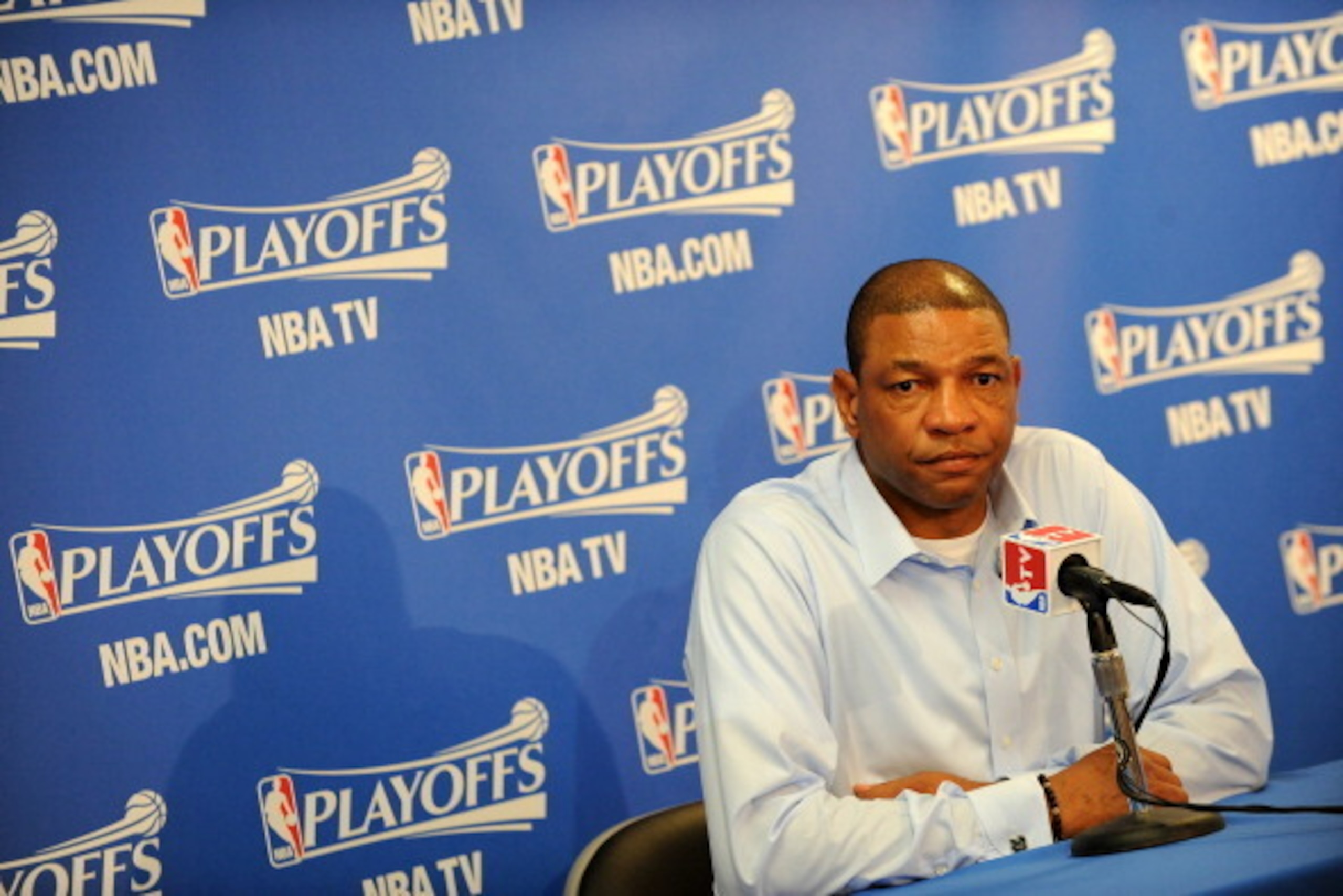 OAKLAND, CA - APRIL 27: Head Coach Doc Rivers of the Los Angeles Clippers talks to the media prior to the game against the Golden State Warriors in Game Four of the Western Conference Quarterfinals at Oracle Arena on April 27, 2014 in Oakland, California.