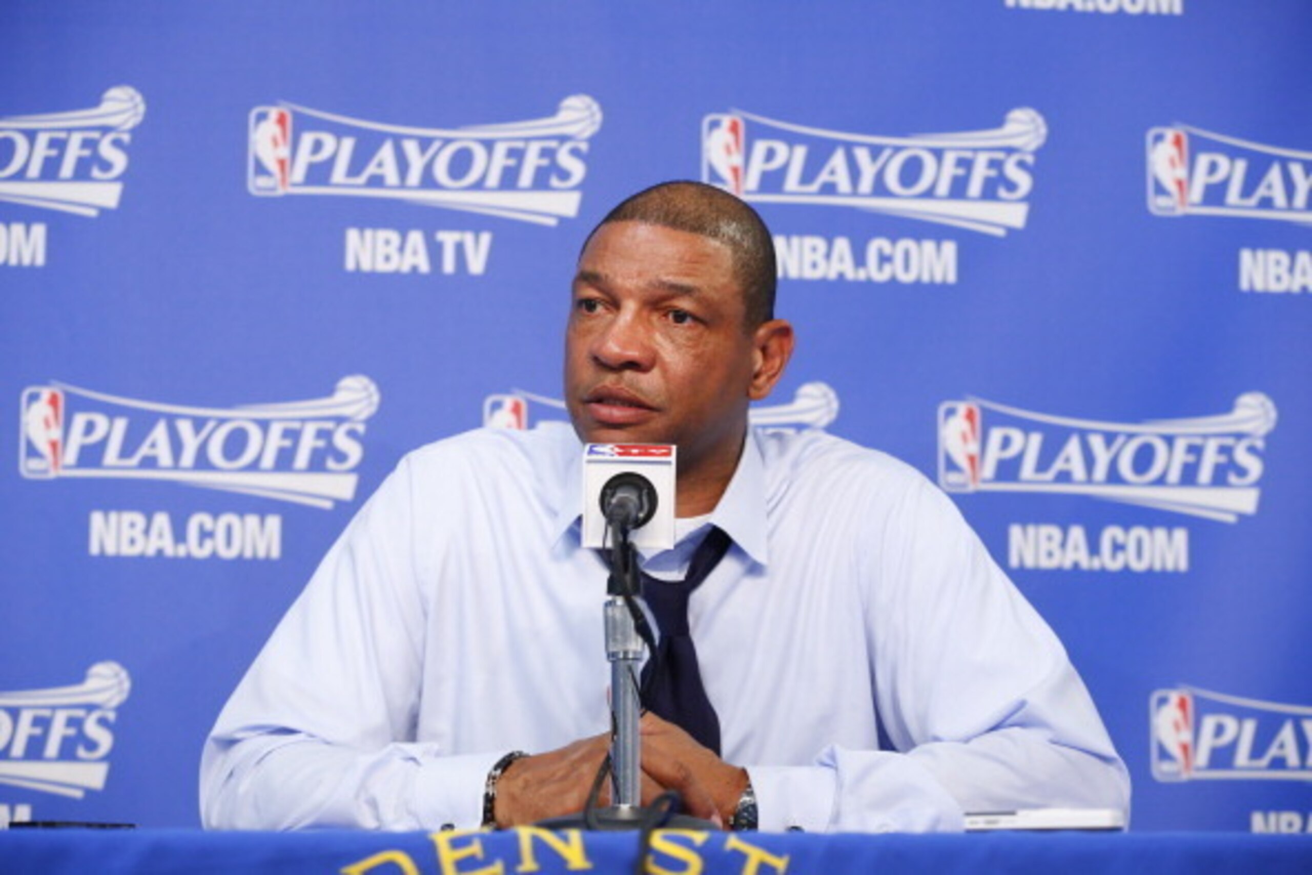 OAKLAND, CA - APRIL 27: Head coach Doc Rivers of the Los Angeles Clippers speaks to the press after facing the Golden State Warriors in Game Four of the Western Conference Quarterfinals during the 2014 NBA Playoffs at Oracle Arena on April 27, 2014 in Oak