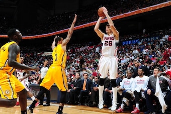 ATLANTA, GA - APRIL 26: Kyle Korver #26 of the Atlanta Hawks shoots the ball against the Indiana Pacers during Game Four of the Eastern Conference Quarterfinals on April 26, 2014 at Philips Arena in Atlanta, Georgia.  NOTE TO USER: User expressly acknowle