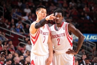 HOUSTON, TX - NOVEMBER 9:  Jeremy Lin #7 and Patrick Beverley #2 of the Houston Rockets talk during the game against the Los Angeles Clippers on November 9, 2013 at the Toyota Center in Houston, Texas. NOTE TO USER: User expressly acknowledges and agrees 