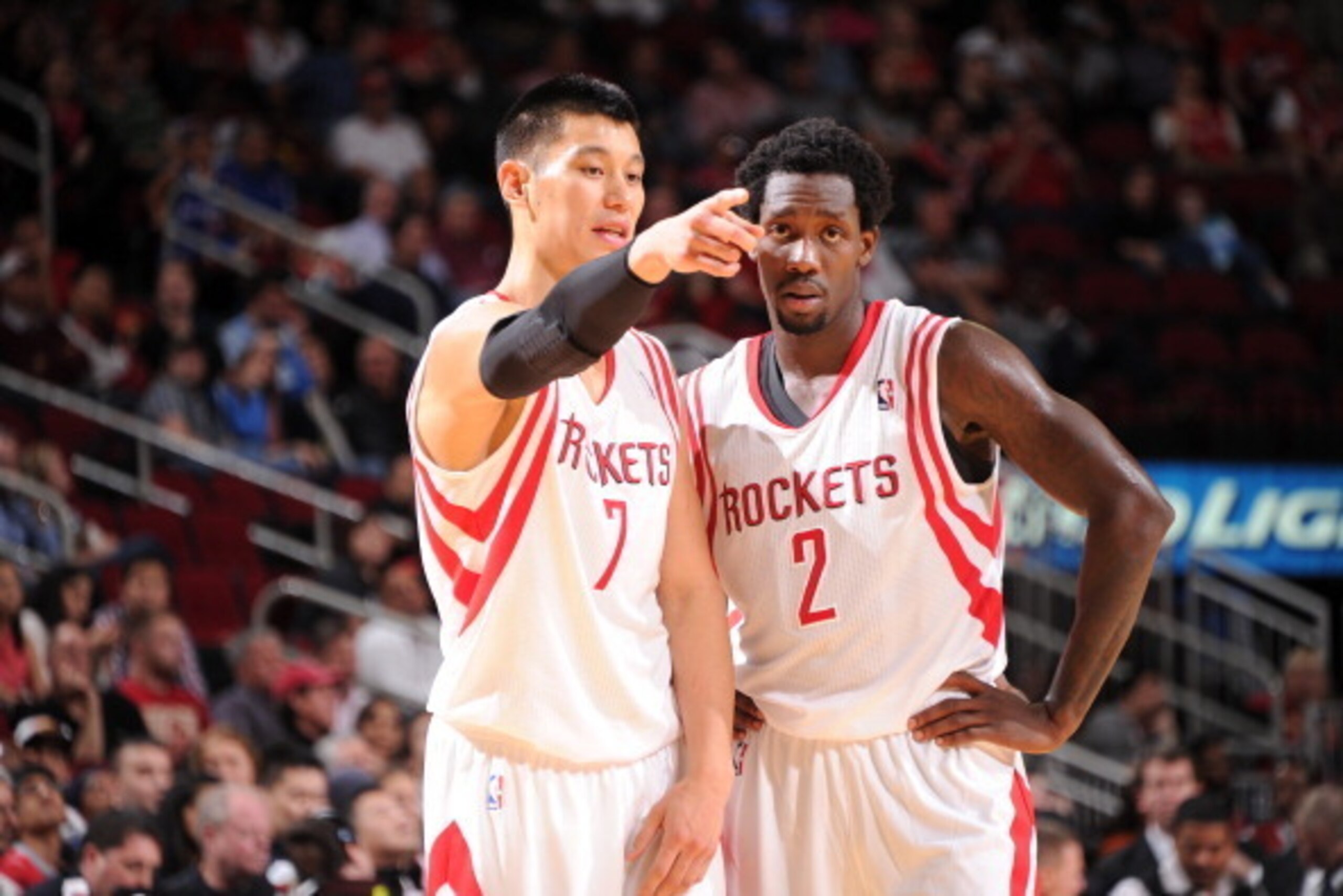 HOUSTON, TX - NOVEMBER 9: Jeremy Lin #7 and Patrick Beverley #2 of the Houston Rockets talk during the game against the Los Angeles Clippers on November 9, 2013 at the Toyota Center in Houston, Texas. NOTE TO USER: User expressly acknowledges and agrees HOUSTON, TX - NOVEMBER 9: Jeremy Lin #7 and Patrick Beverley #2 of the Houston Rockets talk during the game against the Los Angeles Clippers on November 9, 2013 at the Toyota Center in Houston, Texas. NOTE TO USER: User expressly acknowledges and agrees