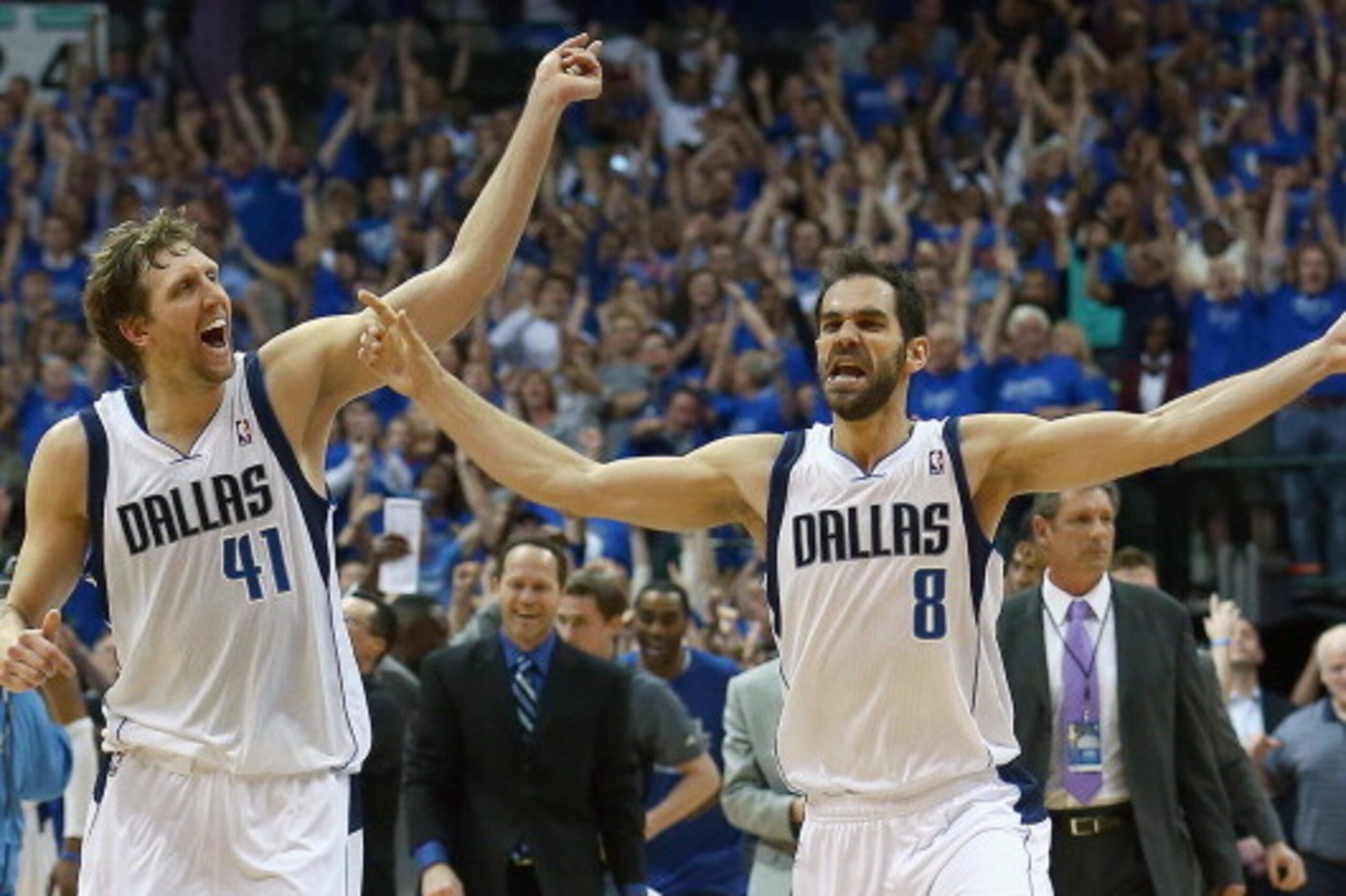 DALLAS, TX - APRIL 26: Dirk Nowitzki #41 of the Dallas Mavericks and Jose Calderon #8 of the Dallas Mavericks celebrate after the Dallas Mavericks beat the San Antonio Spurs 109-108 during Game Three of the Western Conference Quarterfinals during the 201 DALLAS, TX - APRIL 26: Dirk Nowitzki #41 of the Dallas Mavericks and Jose Calderon #8 of the Dallas Mavericks celebrate after the Dallas Mavericks beat the San Antonio Spurs 109-108 during Game Three of the Western Conference Quarterfinals during the 201