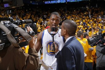 OAKLAND, CA - APRIL 27: Harrison Barnes #40 of the Golden State Warriors is interviewed after facing the Los Angeles Clippers in Game Four of the Western Conference Quarterfinals during the 2014 NBA Playoffs at Oracle Arena on April 27, 2014 in Oakland, C