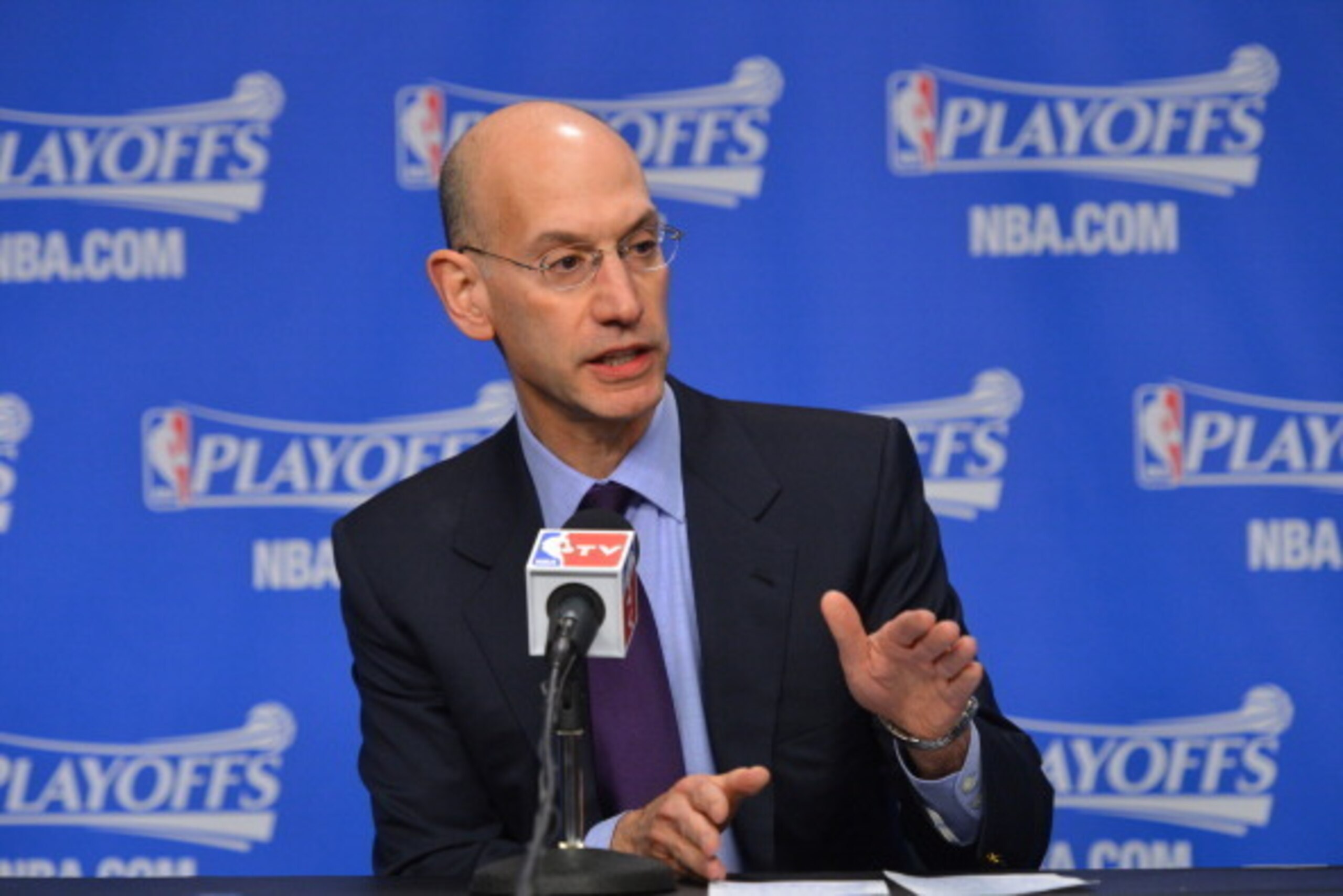 MEMPHIS, TN - APRIL 26: Adam Silver the NBA Commissioner talks to the media before the start of the Oklahoma City Thunder and Memphis Grizzlies in Game Four of the Western Conference Quarterfinals during the 2014 NBA Playoffs on April 26, 2014 at FedExFo MEMPHIS, TN - APRIL 26: Adam Silver the NBA Commissioner talks to the media before the start of the Oklahoma City Thunder and Memphis Grizzlies in Game Four of the Western Conference Quarterfinals during the 2014 NBA Playoffs on April 26, 2014 at FedExFo