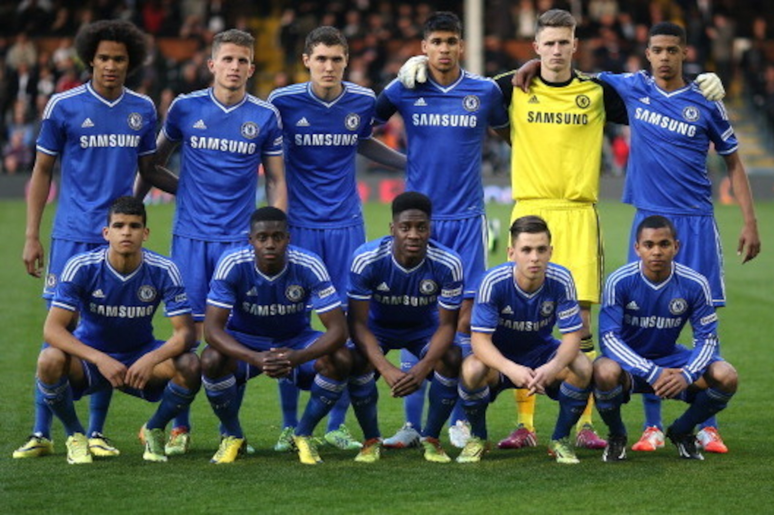 LONDON, ENGLAND - APRIL 28: The Chelsea team pose for a team photo during the FA Youth Cup Final: First Leg match between Fulham and Chelsea at Craven Cottage on April 28, 2014 in London, England. (Photo by Charlie Crowhurst/Getty Images)
