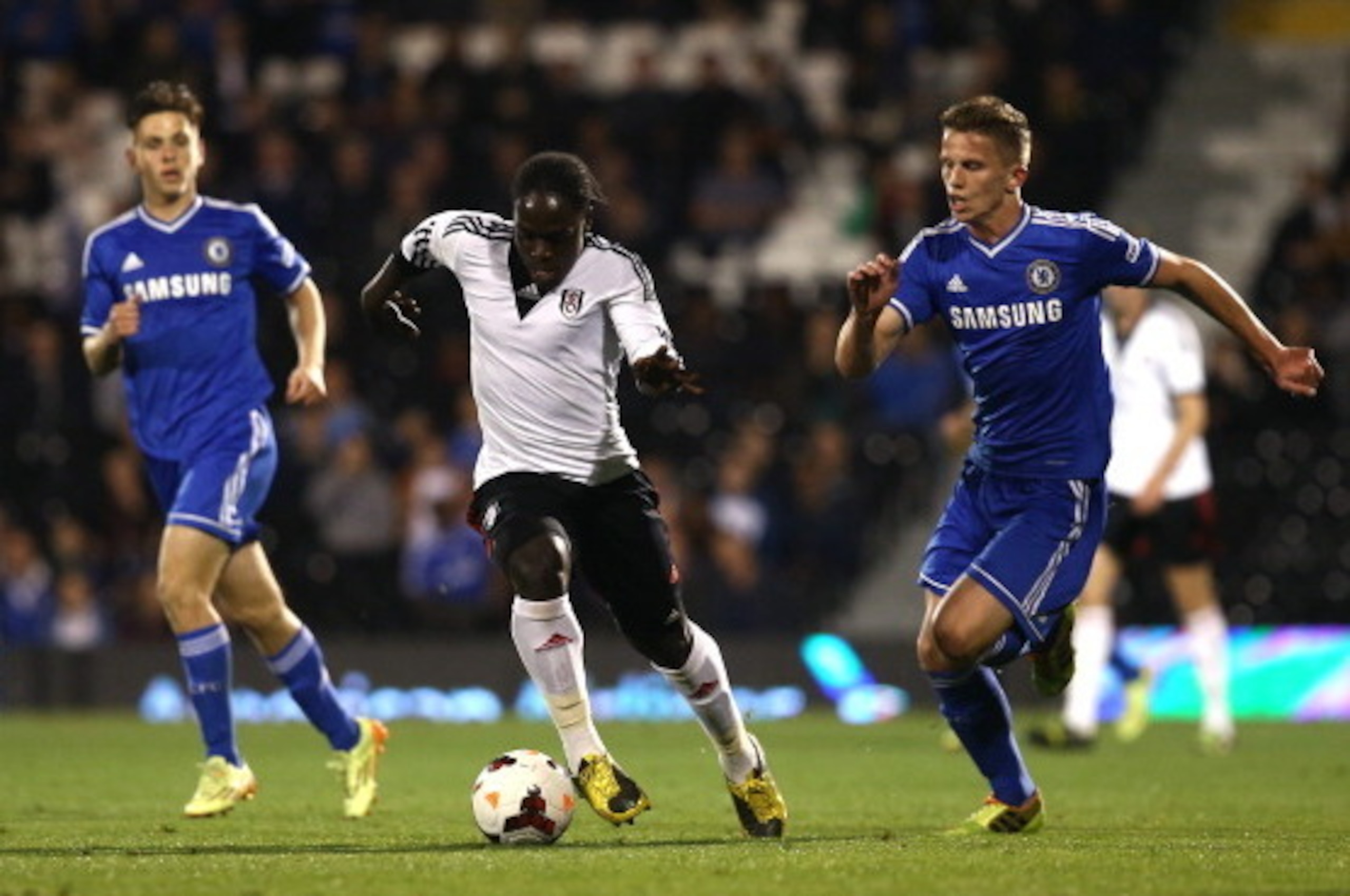 LONDON, ENGLAND - APRIL 28: Solomon Sambou of Fulham attacks during the FA Youth Cup Final: First Leg match between Fulham and Chelsea at Craven Cottage on April 28, 2014 in London, England. (Photo by Charlie Crowhurst/Getty Images)