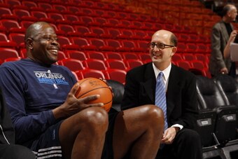 MIAMI, FL - FEBRUARY 19:  Patrick Ewing and Jeff Van Gundy share a laugh prior to the game between the Orlando Magic and the Miami Heat on February 19, 2012 at American Airlines Arena in Miami, Florida. NOTE TO USER: User expressly acknowledges and agrees