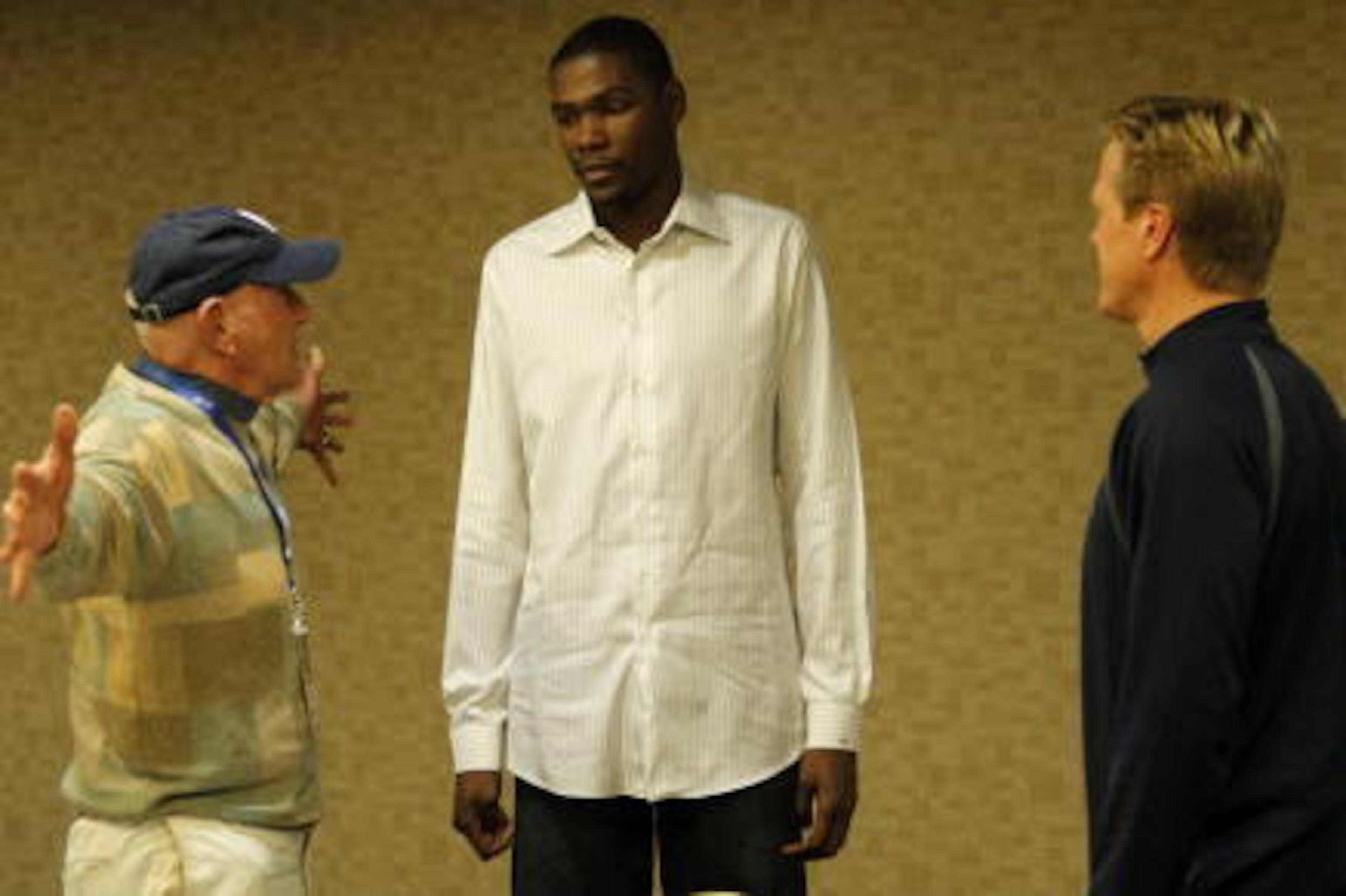 DALLAS - FEBRUARY 11: (L-R) Jack Ramsay of ESPN Radio, Kevin Durant of the Oklahoma City Thunder and Ric Bucher of ESPN Radio talk during NBA All-Star Media Availability as part of the 2010 NBA All-Star Weekend on February 11, 2010 at the Hyatt Regency Ho