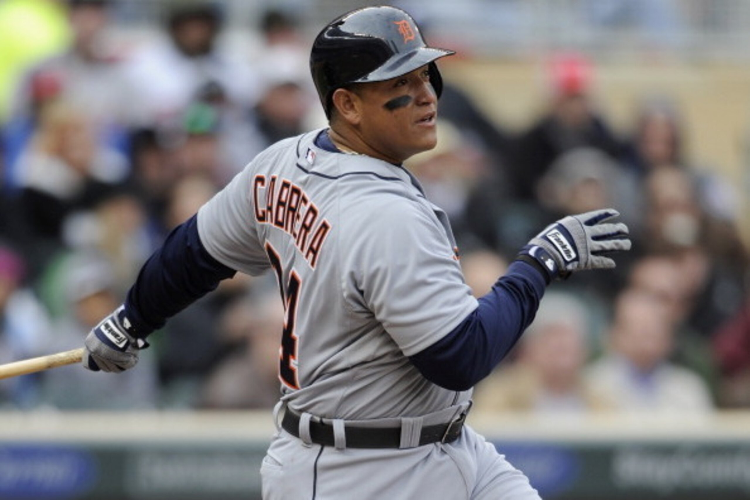 MINNEAPOLIS, MN - APRIL 3: Miguel Cabrera #24 of the Detroit Tigers hits an RBI single against the Minnesota Twins during the fifth inning of the game on April 3, 2013 at Target Field in Minneapolis, Minnesota. (Photo by Hannah Foslien/Getty Images)