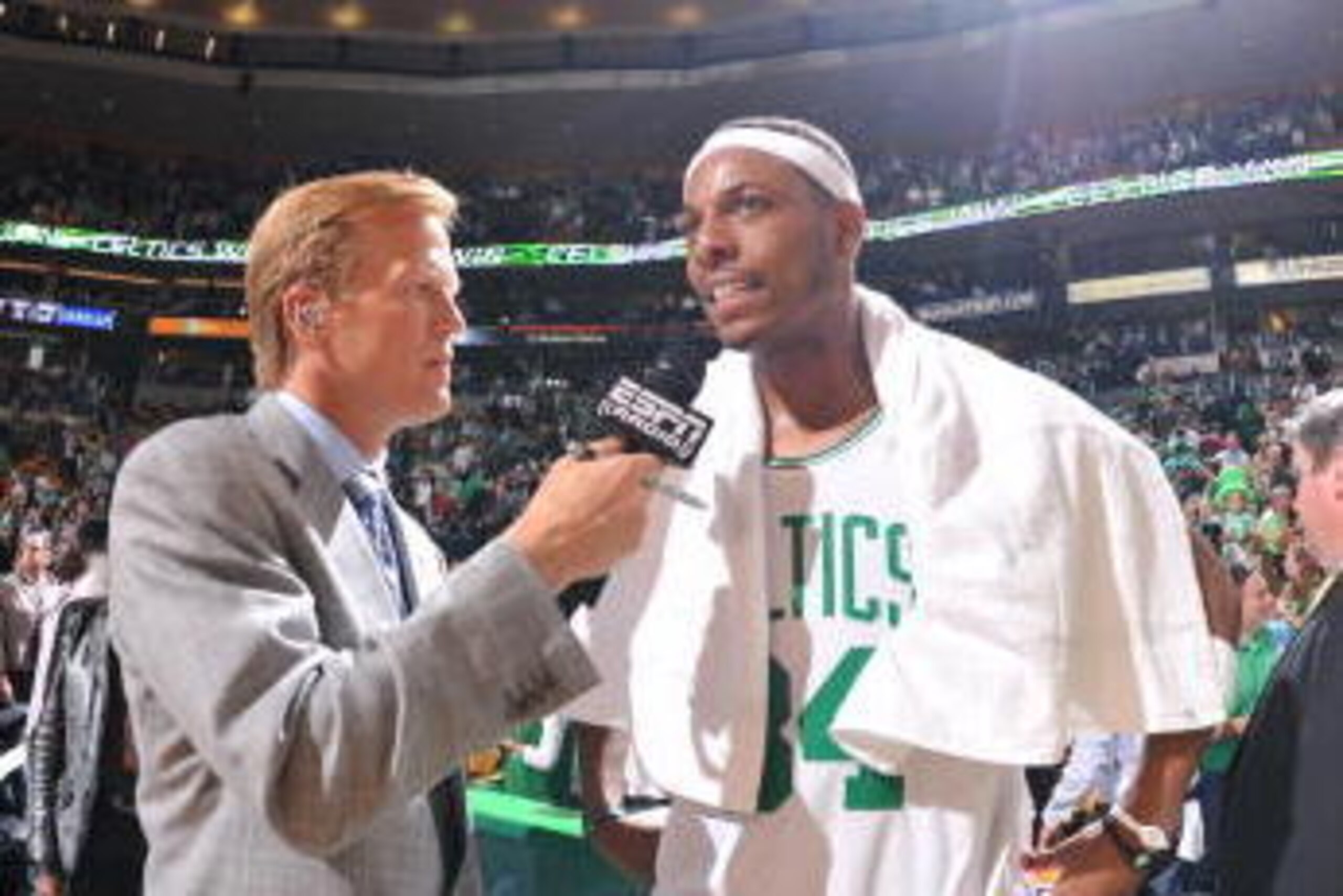 BOSTON - JUNE 10: Ric Bucher of ESPN interviews Paul Pierce #34 of the Boston Celtics after defeating the Los Angeles Lakers in Game Four of the 2010 NBA Finals on June 10, 2010 at TD Garden in Boston, Massachusetts. NOTE TO USER: User expressly acknowled