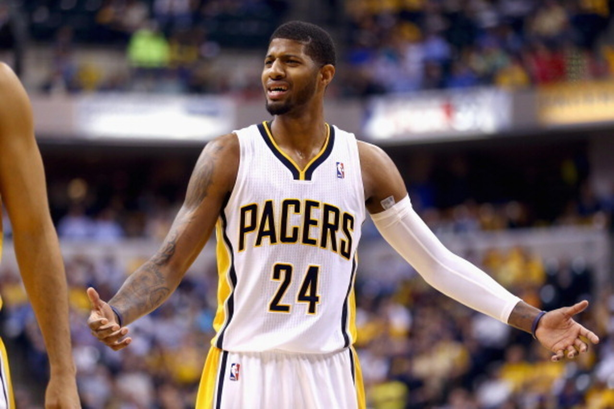 INDIANAPOLIS, IN - APRIL 28:  Paul George #24 of the Indiana Pacers disagrees with an officals call in the game 107-97 loss to the Atlanta Hawks in Game 5 of the Eastern Conference Quarterfinals during the 2014 NBA Playoffs at Bankers Life Fieldhouse on A