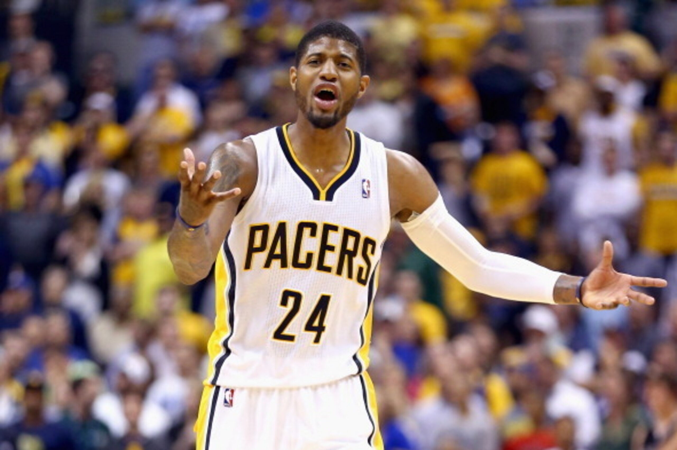INDIANAPOLIS, IN - APRIL 28:  Paul George #24 of the Indiana Pacers disagrees with an officals call in the game 107-97 loss to the Atlanta Hawks in Game 5 of the Eastern Conference Quarterfinals during the 2014 NBA Playoffs at Bankers Life Fieldhouse on A