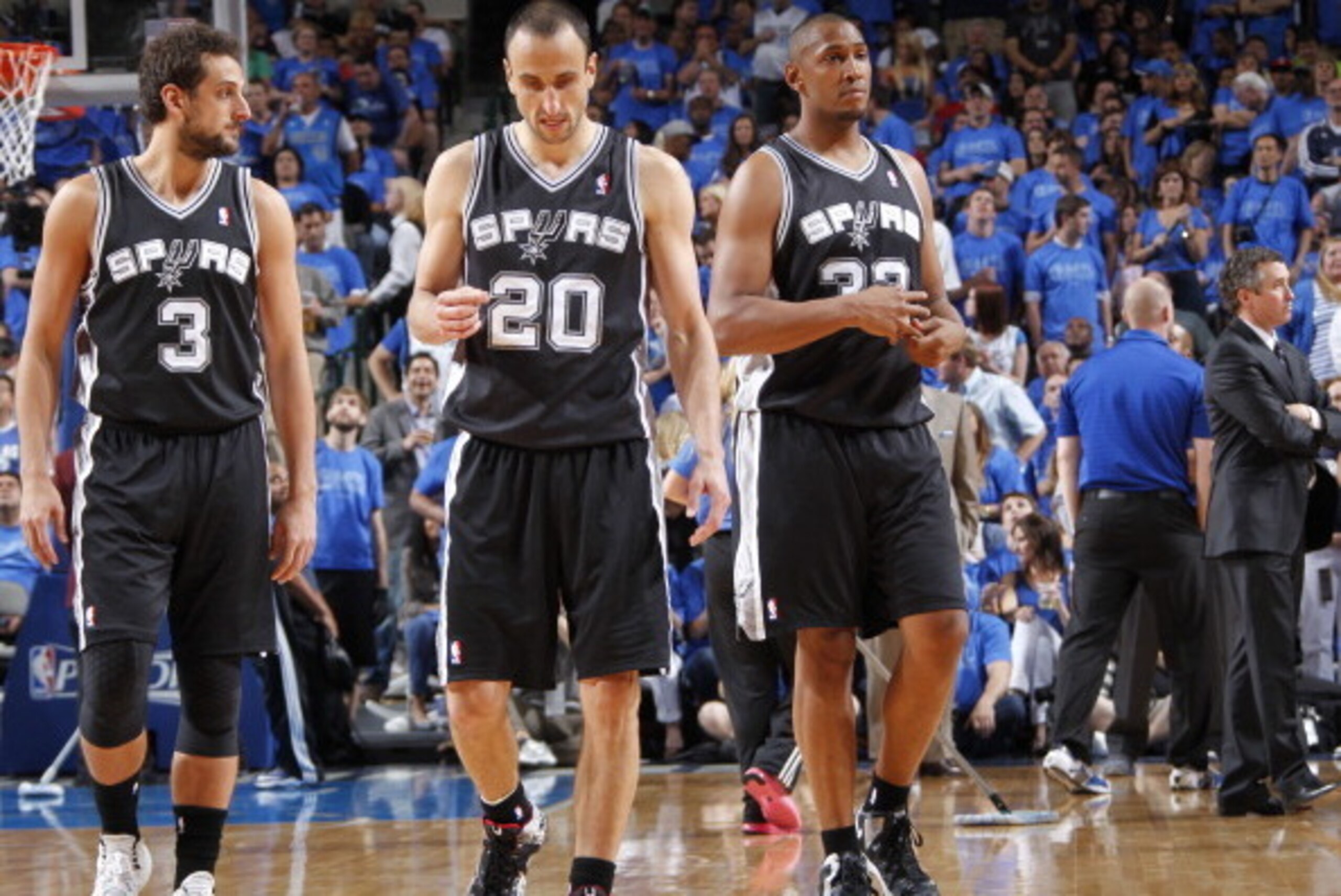 DALLAS, TX - APRIL 28: Manu Ginobili #20 of the San Antonio Spurs celebrates in Game Four of the Western Conference Quarterfinals against the Dallas Mavericks during the 2014 NBA Playoffs on April 28, 2014 at the American Airlines Center in Dallas, Texas.