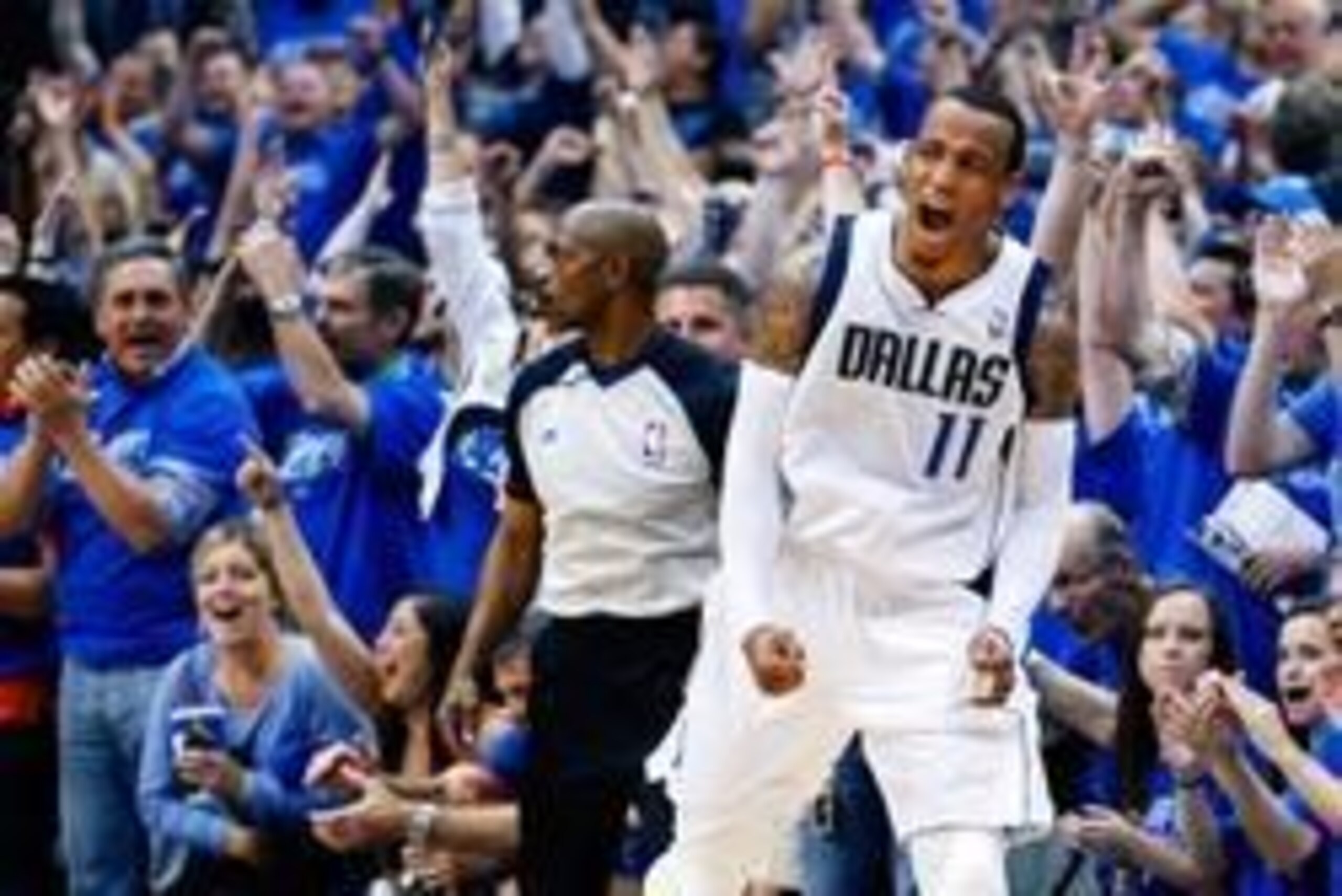 Apr 26, 2014; Dallas, TX, USA; Dallas Mavericks guard Monta Ellis (11) reacts after scoring during the second quarter against the San Antonio Spurs in game three of the first round of the 2014 NBA Playoffs at American Airlines Center. Mandatory Credit: Ke