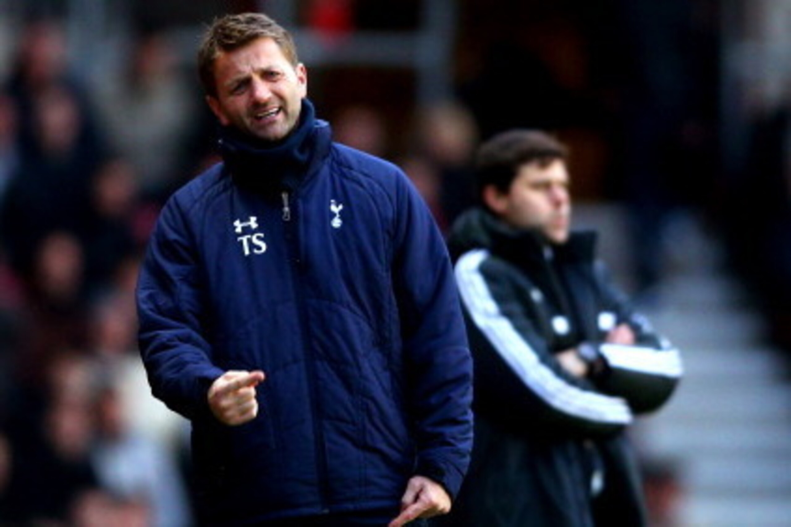 SOUTHAMPTON, ENGLAND - DECEMBER 22:  (L-R) Tim Sherwood the Spurs interim manager directs his players as Mauricio Pochettino the Southampton manager looks on during the Barclays Premier League match between Southampton and Tottenham Hotspur at St Mary's S