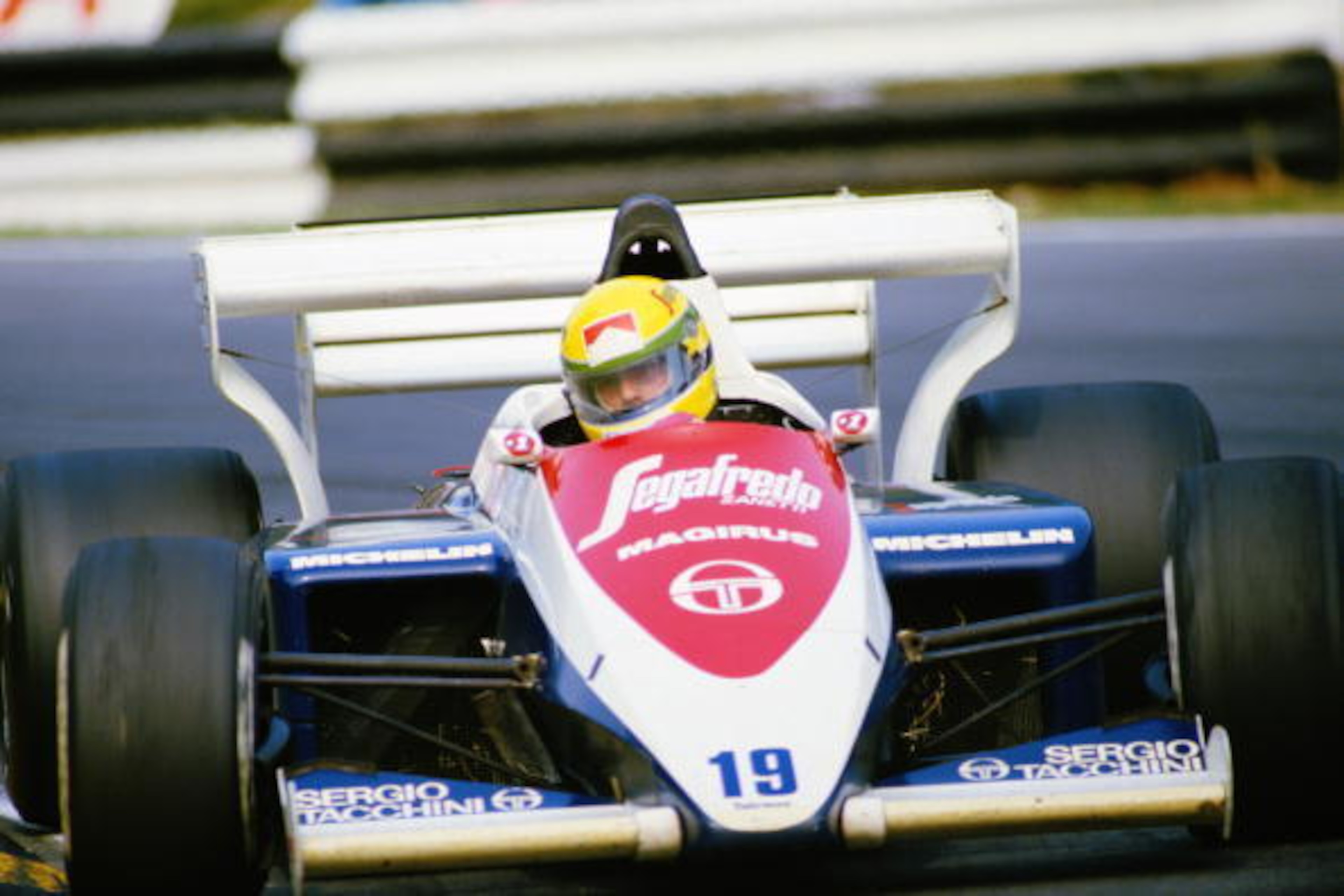 BRANDS HATCH - JULY 22:  Toleman driver Ayrton Senna of Brazil in action during the F1 British Grand Prix held on July 22, 1984 at the Brands Hatch circuit in Fawkham, England. (Photo by Mike Powell/Getty Images)