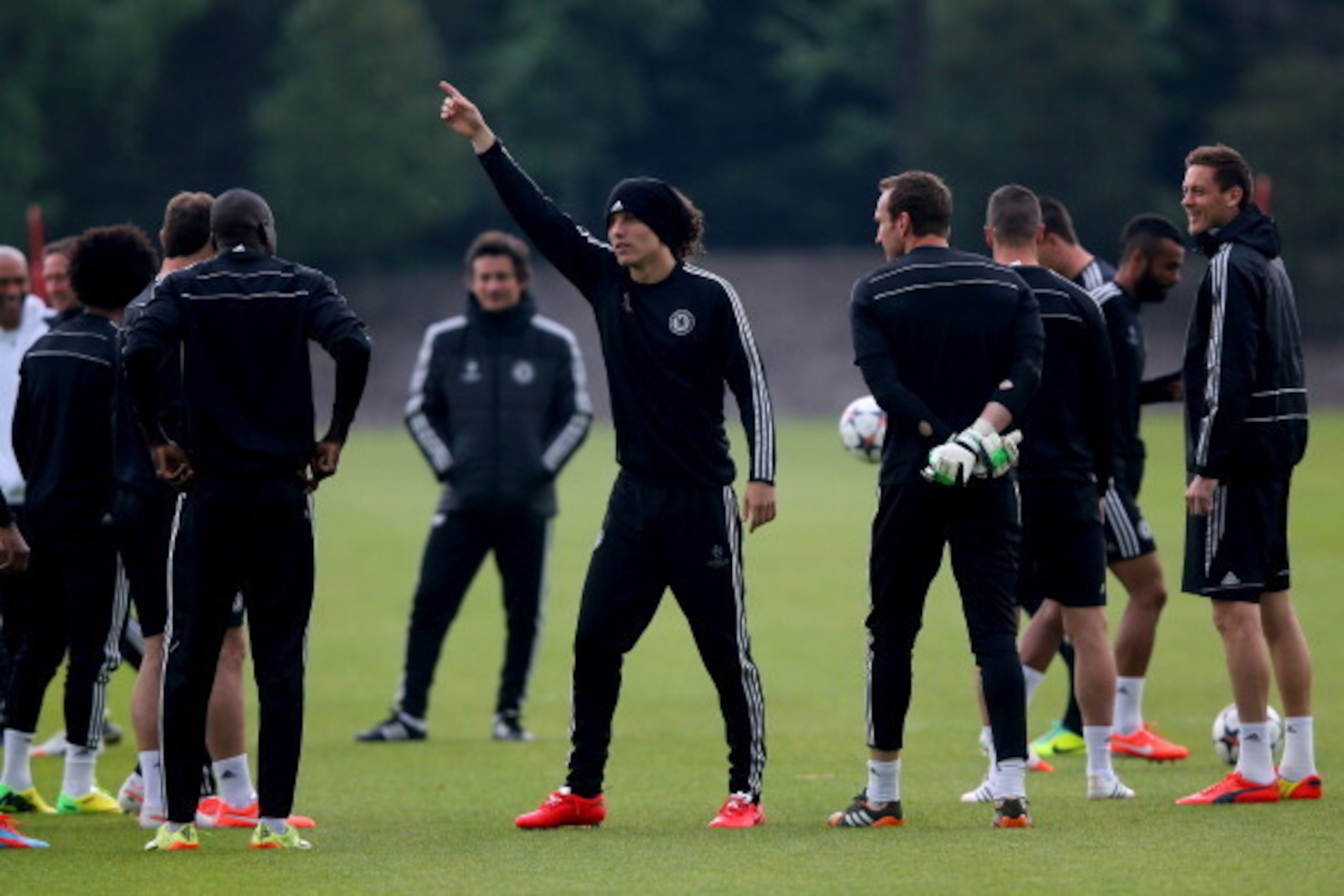 COBHAM, ENGLAND - APRIL 29:  David Luiz of Chelsea gesture during a training session at Chelsea Training Ground on April 29, 2014 in Cobham, England.  (Photo by Clive Rose/Getty Images)