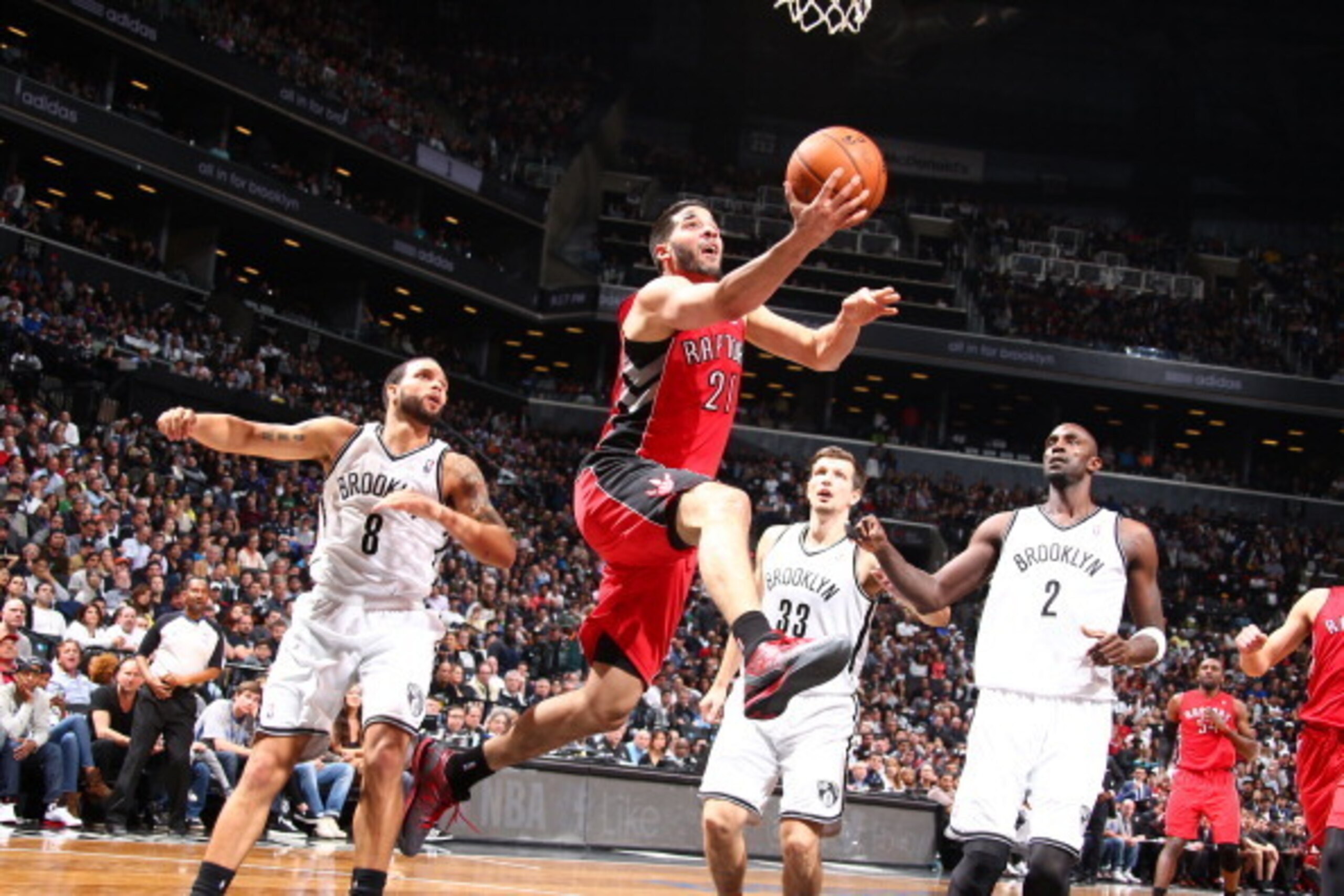 BROOKLYN, NY - APRIL 27: Greivis Vasquez #21 of the Toronto Raptors goes up for the layup against the Brooklyn Nets during Game Four of the Eastern Conference Quarterfinals  at Barclays Center in Brooklyn. NOTE TO USER: User expressly acknowledges and agr