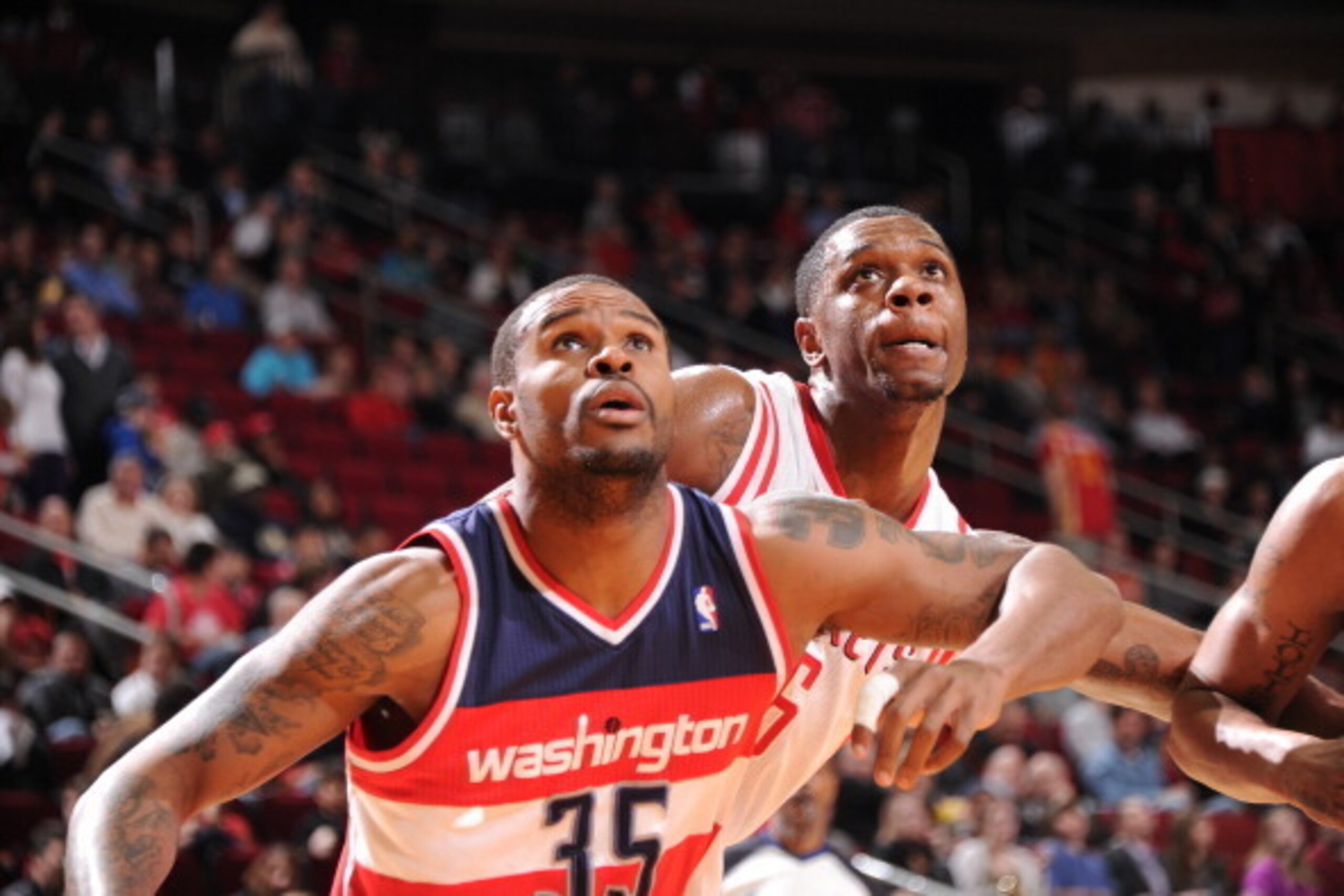HOUSTON, TX - FEBRUARY 12: Trevor Booker #35 of the Washington Wizards waits for rebound position against the Houston Rockets on February 12, 2014 at the Toyota Center in Houston, Texas. NOTE TO USER: User expressly acknowledges and agrees that, by downlo