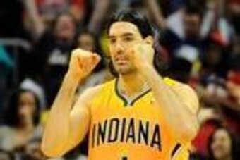 Apr 26, 2014; Atlanta, GA, USA; Indiana Pacers forward Luis Scola (4) reacts after defeating the Atlanta Hawks during the second half in game four of the first round of the 2014 NBA Playoffs at Philips Arena. The Pacers defeated the Hawks 91-88. Mandatory