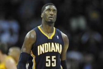 Mar 30, 2014; Cleveland, OH, USA; Indiana Pacers center Roy Hibbert (55) reacts in the third quarter against the Cleveland Cavaliers at Quicken Loans Arena. Mandatory Credit: David Richard-USA TODAY Sports