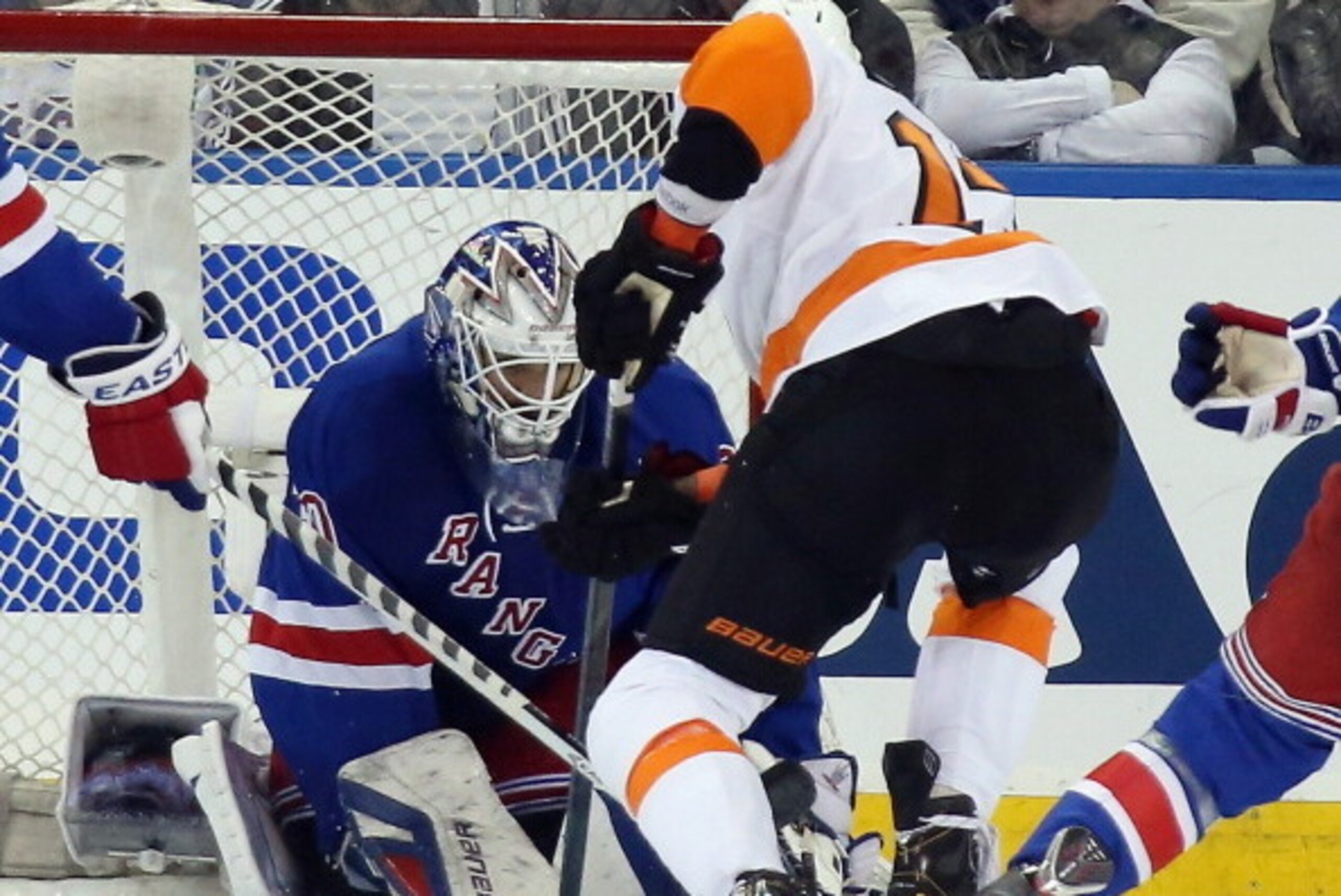 NEW YORK, NY - APRIL 27:  Henrik Lundqvist #30 of the New York Rangers tends net against the Philadelphia Flyers in Game Five of the First Round of the 2014 NHL Stanley Cup Playoffs at Madison Square Garden on April 27, 2014 in New York City. The Rangers 