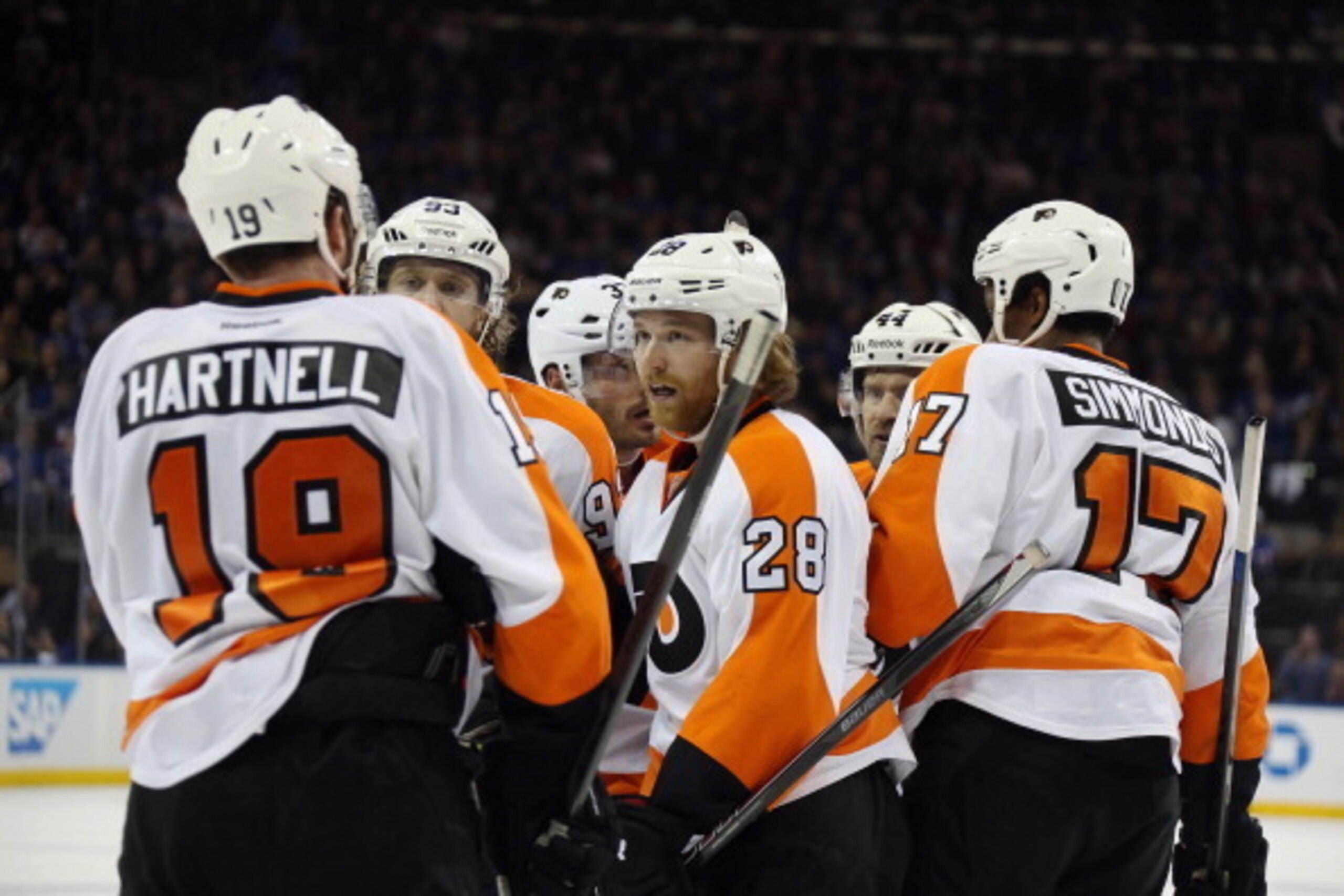 NEW YORK, NY - APRIL 27: Claude Giroux #28 of the Philadelphia Flyers celebrates his third period goal against the New York Rangers in Game Five of the First Round of the 2014 NHL Stanley Cup Playoffs at Madison Square Garden on April 27, 2014 in New York