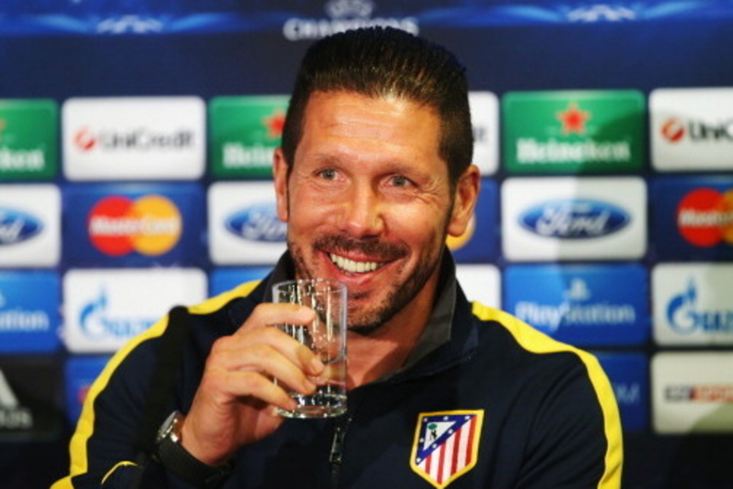 LONDON, ENGLAND - APRIL 29:  Coach of Atletico Madrid Diego Simeone talks at the Atletico Madrid press conference at Stamford Bridge on April 29, 2014 in London, England.  (Photo by Clive Rose/Getty Images)