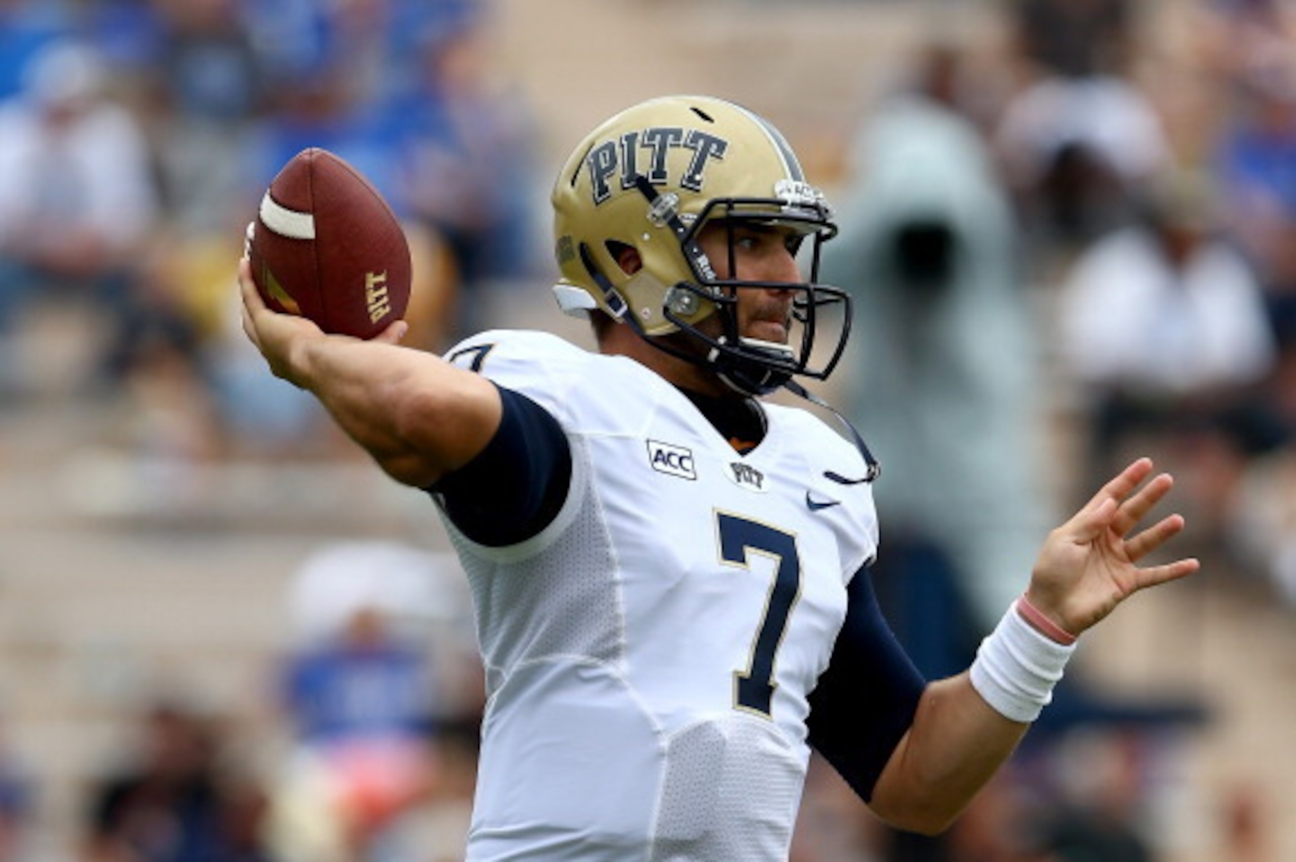 DURHAM, NC - SEPTEMBER 21:  Tom Savage #7 of the Pittsburgh Panthers during their game at Wallace Wade Stadium on September 21, 2013 in Durham, North Carolina.  (Photo by Streeter Lecka/Getty Images)