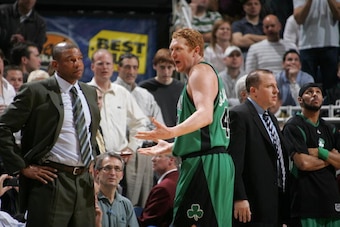 SALT LAKE CITY, UT - FEBRUARY 19:  Brian Scalabrine #44 of the Boston Celtics fouls out of the game speaks explains himself to head coach Doc Rivers during the game against the Utah Jazz at EnergySolutions Arena on February 19, 2009 in Salt Lake City, Uta