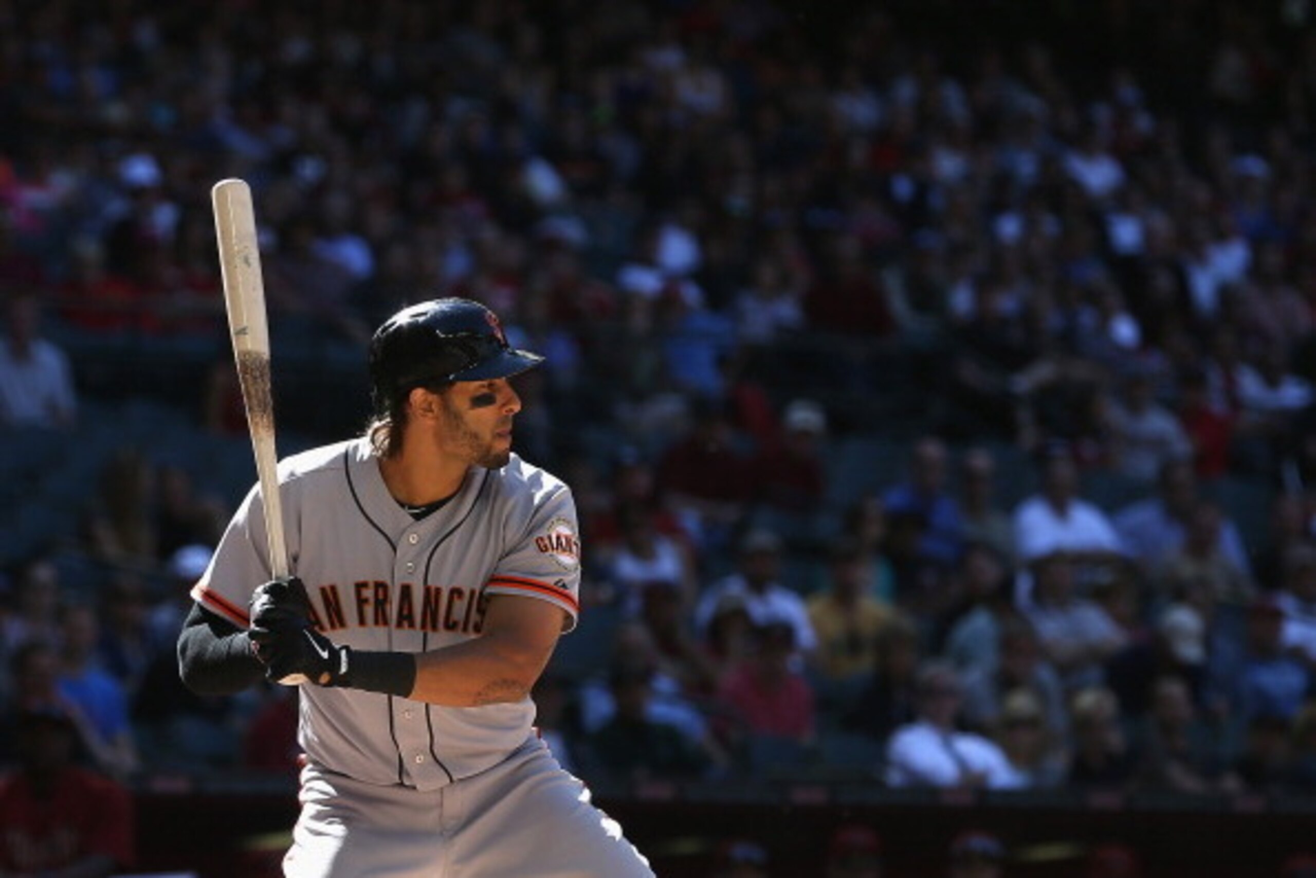 PHOENIX, AZ - APRIL 03:  Michael Morse #38 of the San Francisco Giants bats against the Arizona Diamondbacks during the MLB game at Chase Field on April 3, 2014 in Phoenix, Arizona.   The Giants defeated the Diamondbacks 8-5.  (Photo by Christian Petersen